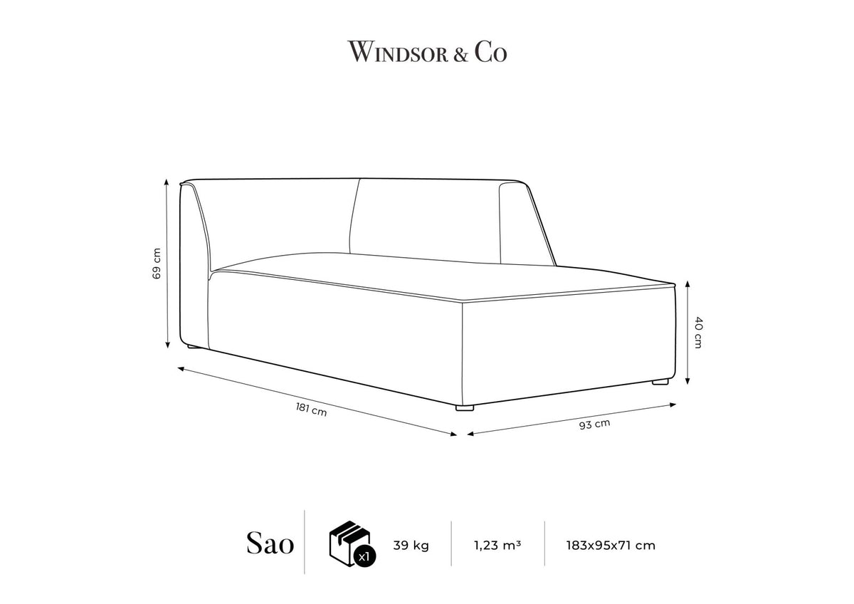 Beige Samt-Chaiselongue Siena von Cosmopolitan Design, rechte Ausführung, Massivholzrahmen, schwarze Kunststoffbeine, 181cm lang.