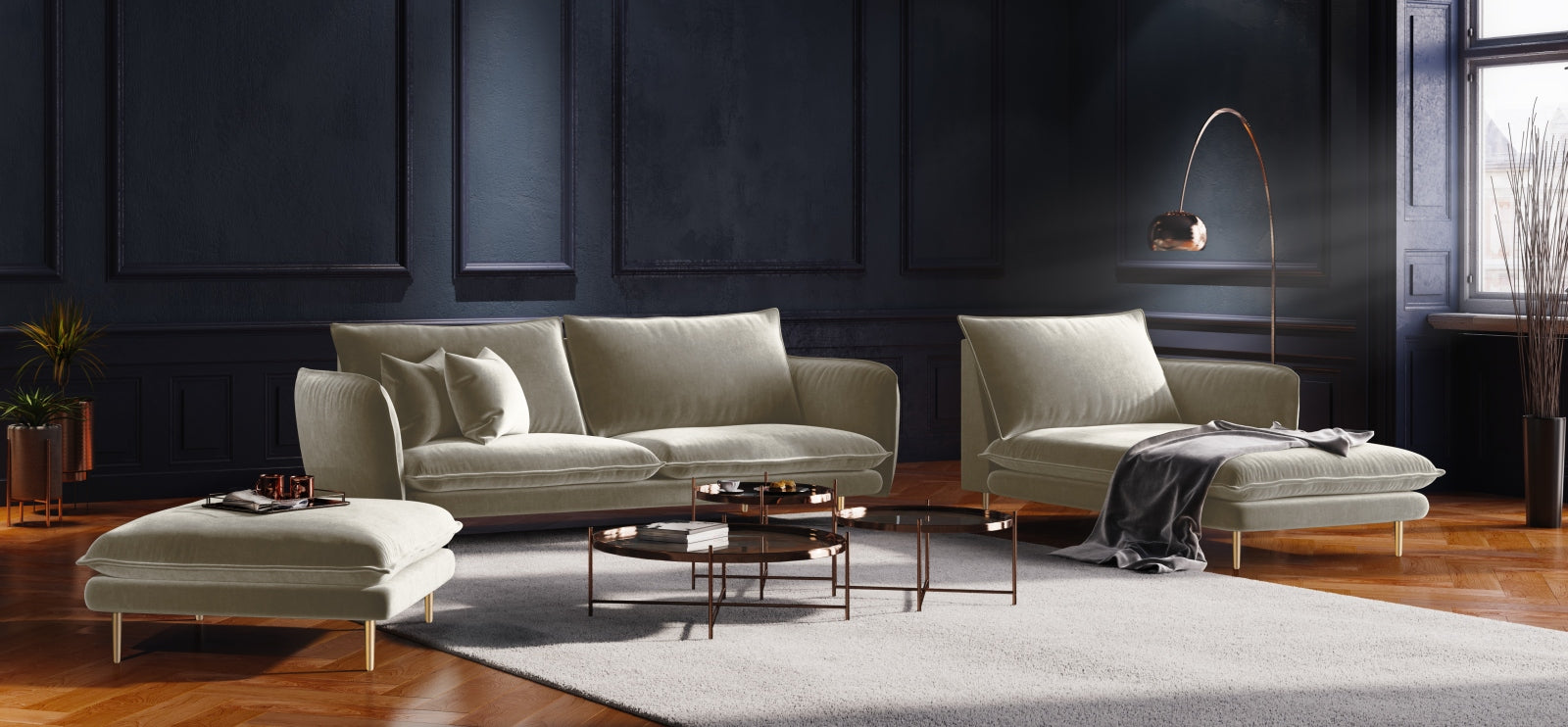 Elegantes Vienna Velour Sofa Chaise Lounge rechts 110cm von Cosmopolitan Design. Luxuriöses Velour, ideal für stilvolle Wohnräume.