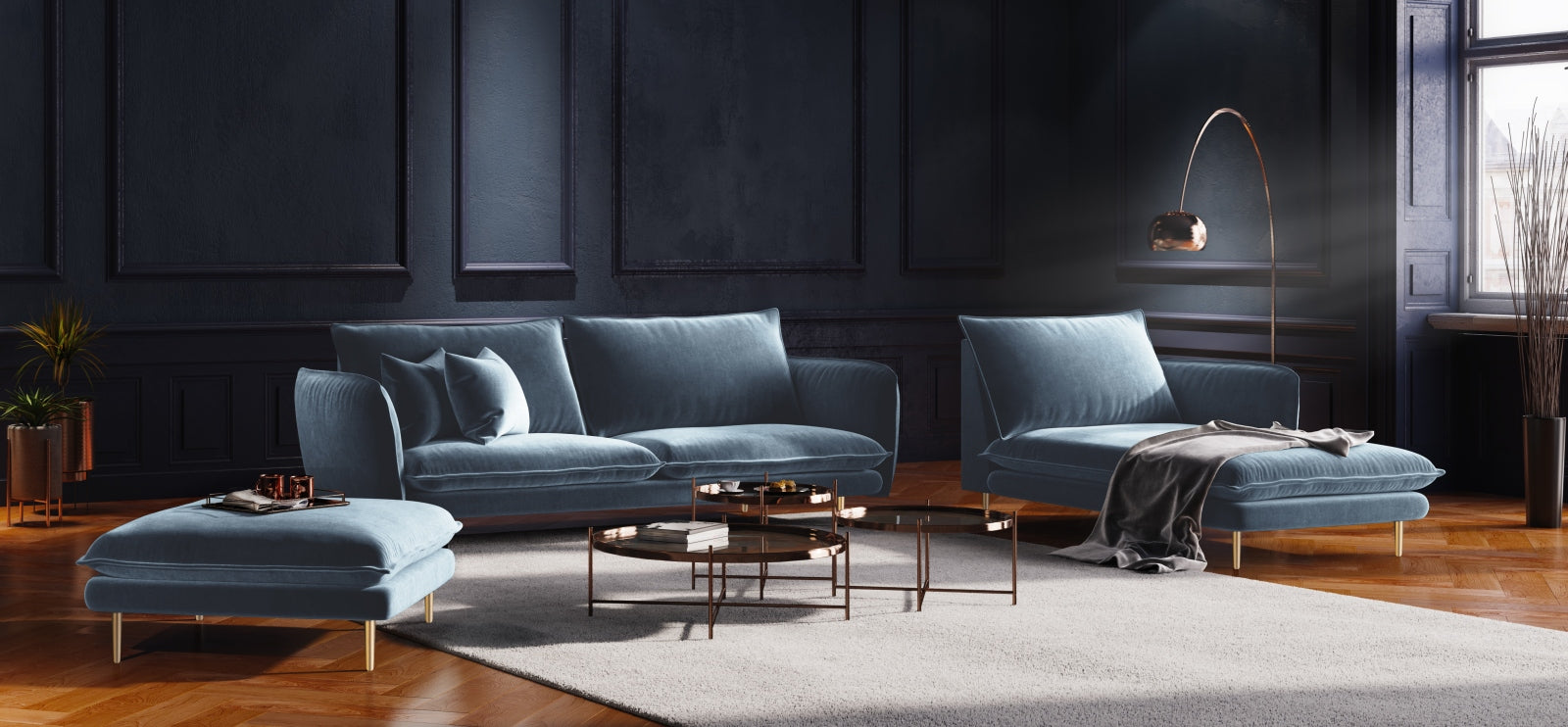 Elegantes Vienna Velour Sofa Chaise Lounge rechts 110cm von Cosmopolitan Design. Ideal für stilvolle Wohnräume, vereint Komfort und Funktionalität.