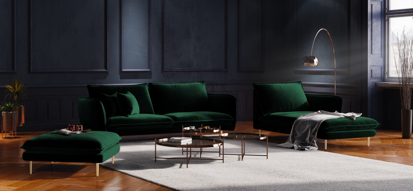Elegantes Vienna Velour Sofa Chaise Lounge rechts 110cm von Cosmopolitan Design. Luxuriöses Velour, ideal für stilvolle Wohnräume.