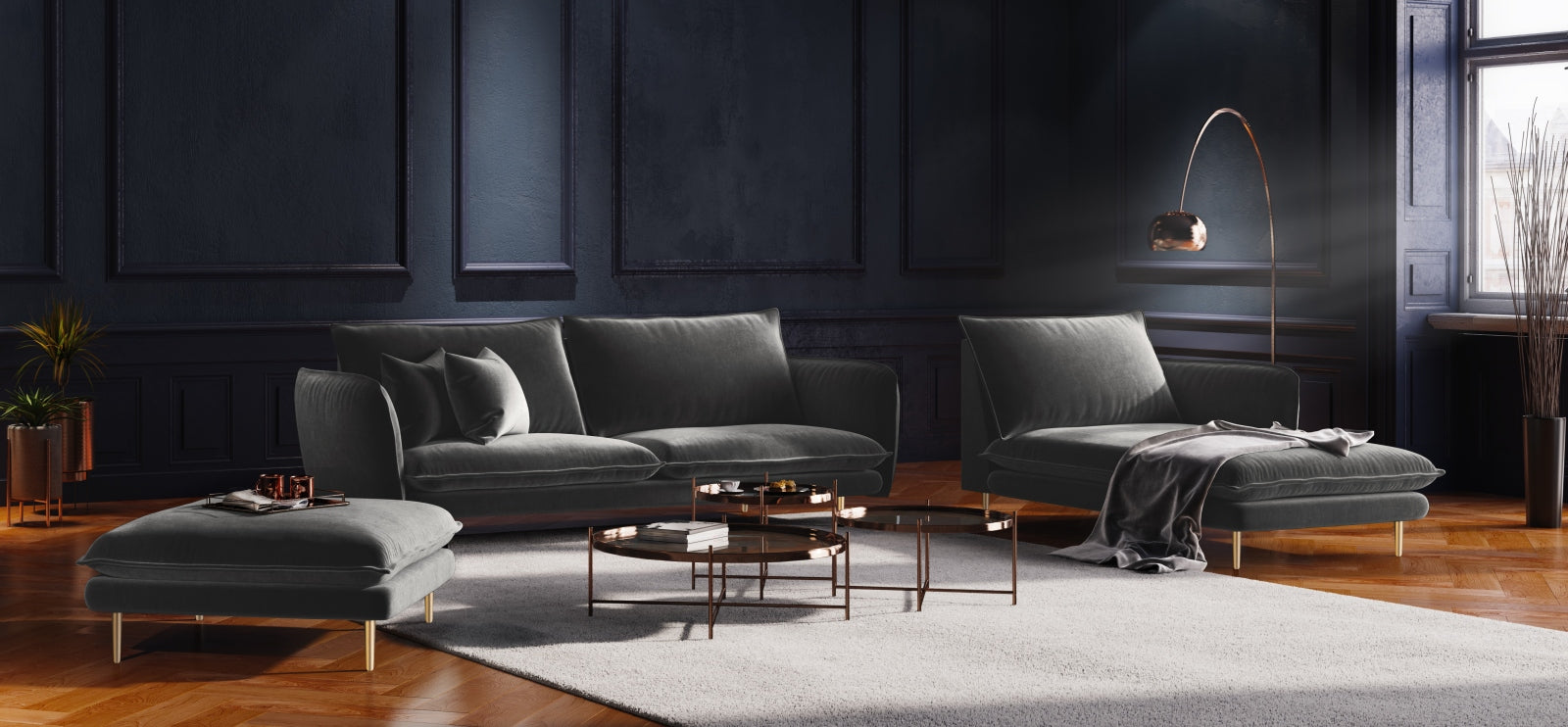 Elegantes Vienna Velour Sofa Chaise Lounge rechts 110cm von Cosmopolitan Design. Luxuriöses Velour, ideal für stilvolle Wohnräume.