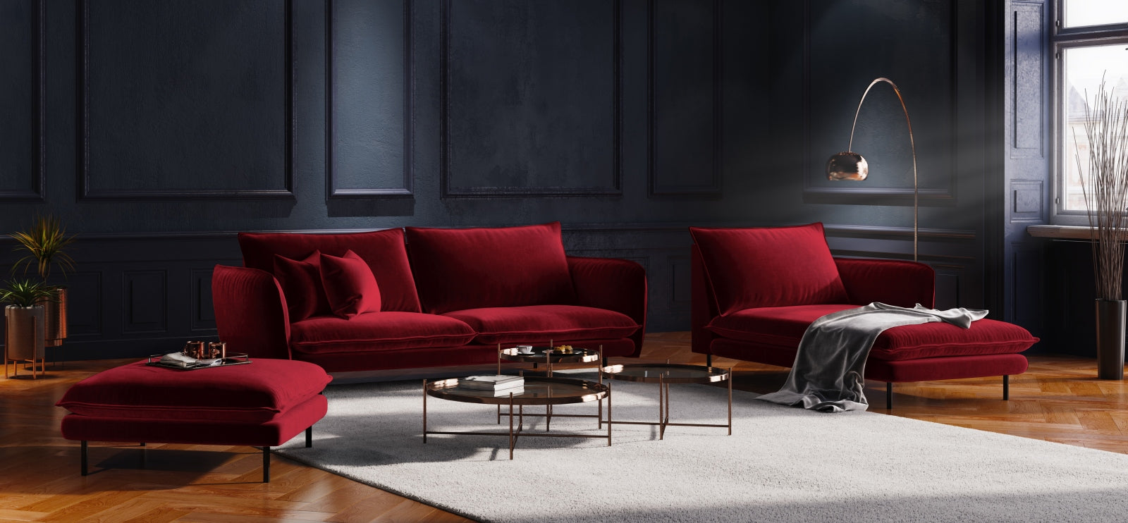 Elegantes Vienna Velour Sofa Chaise Lounge rechts mit 110 cm Sitzfläche von Cosmopolitan Design. Ideal für stilvolle Wohnräume.