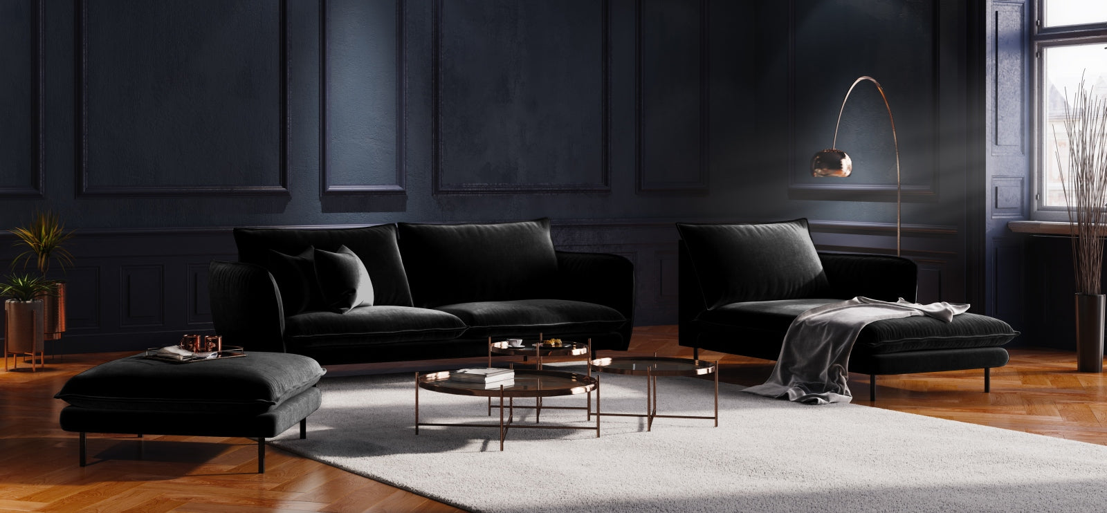 Elegantes Vienna Velour Sofa Chaise Lounge rechts 110cm von Cosmopolitan Design. Ideal für stilvolle Wohnräume, vereint Komfort und Funktionalität.