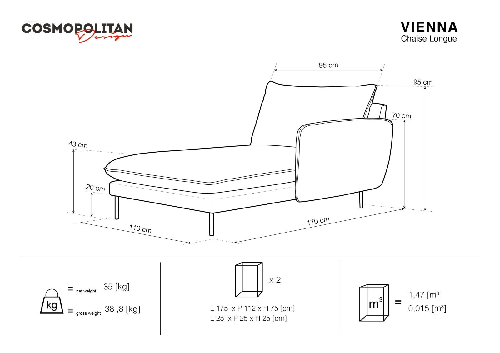 Elegantes Vienna Velour Sofa Chaise Lounge rechts 110cm von Cosmopolitan Design. Ideal für stilvolle Wohnräume, bietet es Komfort und hochwertige Materialien.