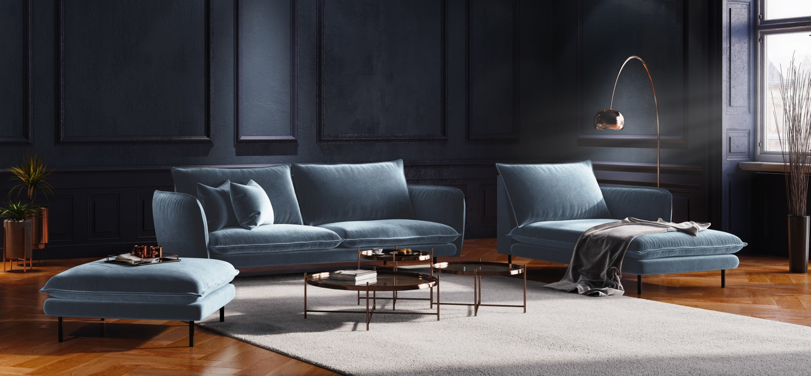 Elegantes Vienna Velour Sofa Chaise Lounge rechts 110cm von Cosmopolitan Design. Ideal für stilvolle Wohnräume, vereint Komfort und Funktionalität.