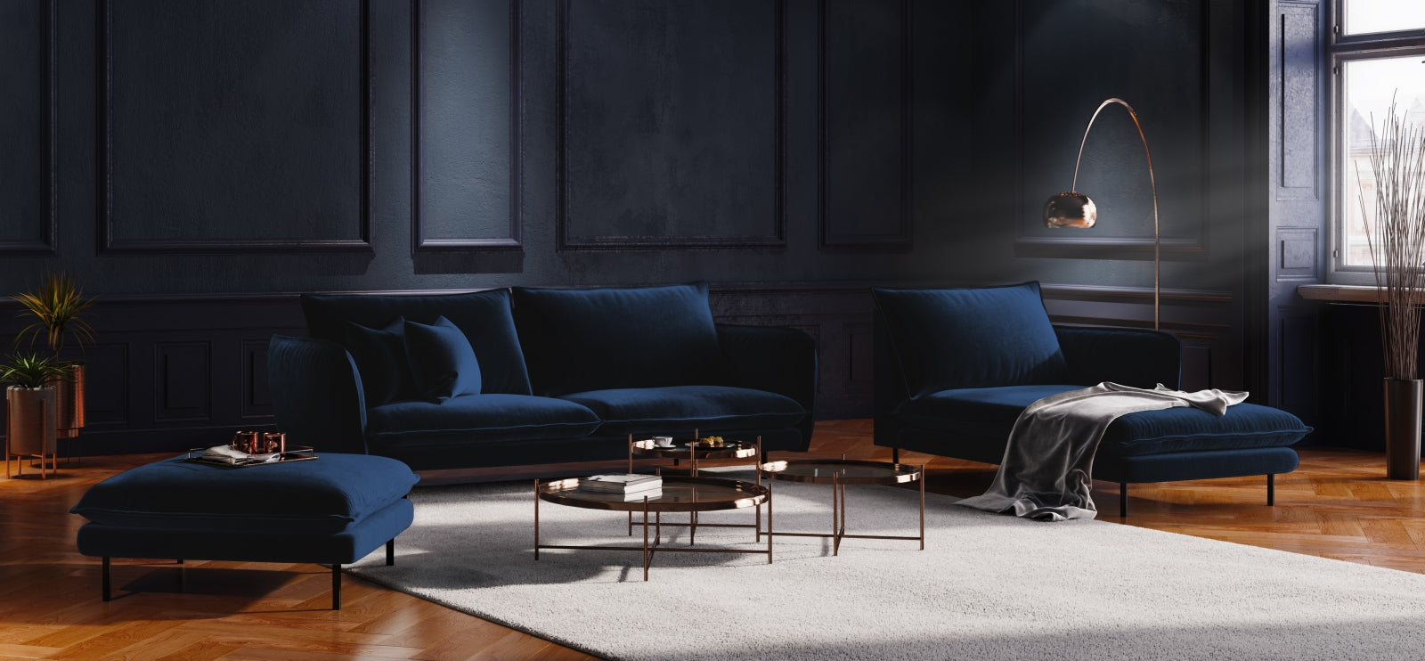 Elegantes Vienna Velour Sofa Chaise Lounge rechts 110cm von Cosmopolitan Design. Luxuriöses Velour, ideal für stilvolle Wohnräume.