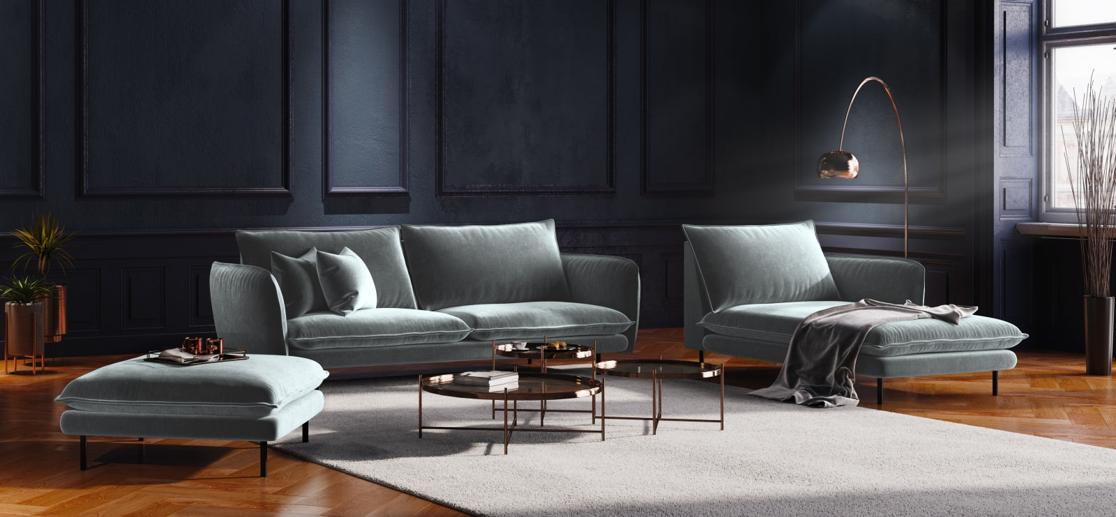 Elegantes Vienna Velour Sofa Chaise Lounge rechts 110cm von Cosmopolitan Design. Ideal für stilvolle Wohnräume, vereint Komfort und Funktionalität.