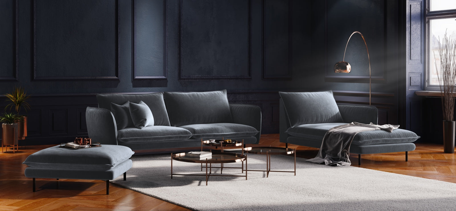 Elegantes Vienna Velour Sofa Chaise Lounge rechts 110cm von Cosmopolitan Design. Luxuriöses Velour, ideal für stilvolle Wohnräume.