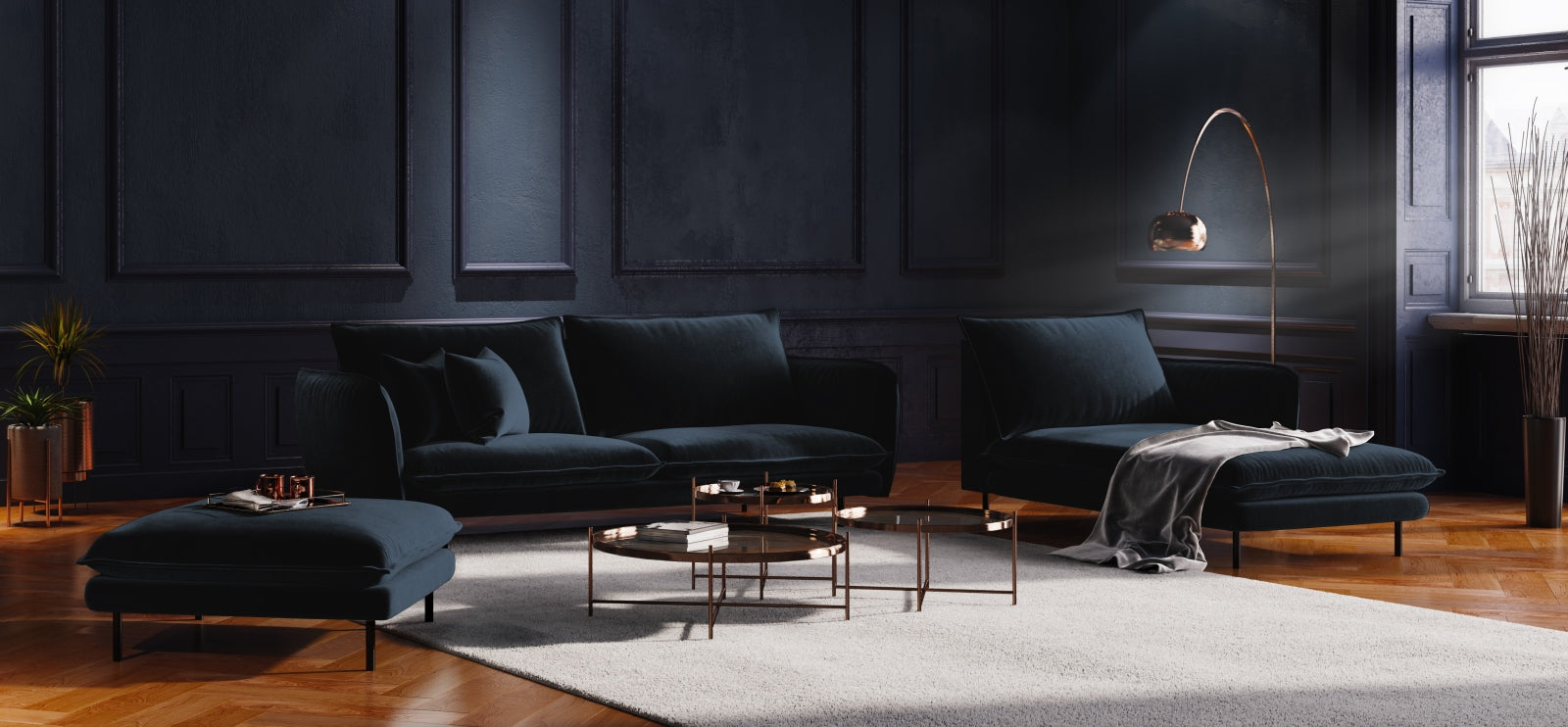 Elegantes Vienna Velour Sofa Chaise Lounge rechts 110cm von Cosmopolitan Design. Luxuriöses Velour, ideal für stilvolle Wohnräume.