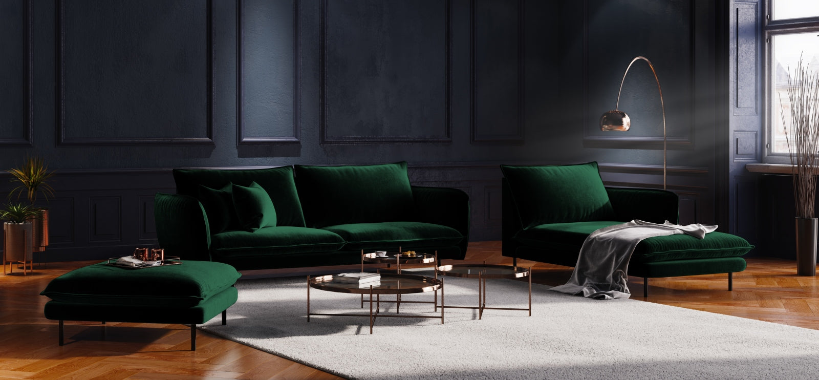 Elegantes Vienna Velour Sofa Chaise Lounge rechts 110cm von Cosmopolitan Design. Luxuriöses Velour, ideal für stilvolle Wohnräume.
