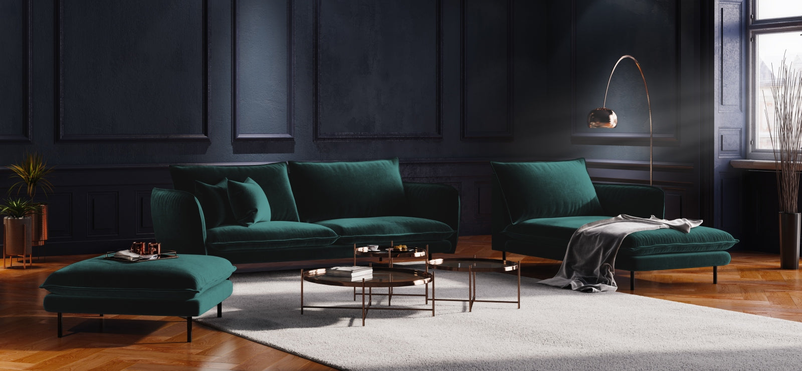 Elegantes Vienna Velour Sofa Chaise Lounge rechts mit 110 cm Sitzfläche. Luxuriöses Velour und stilvolles Design für Ihr Zuhause.