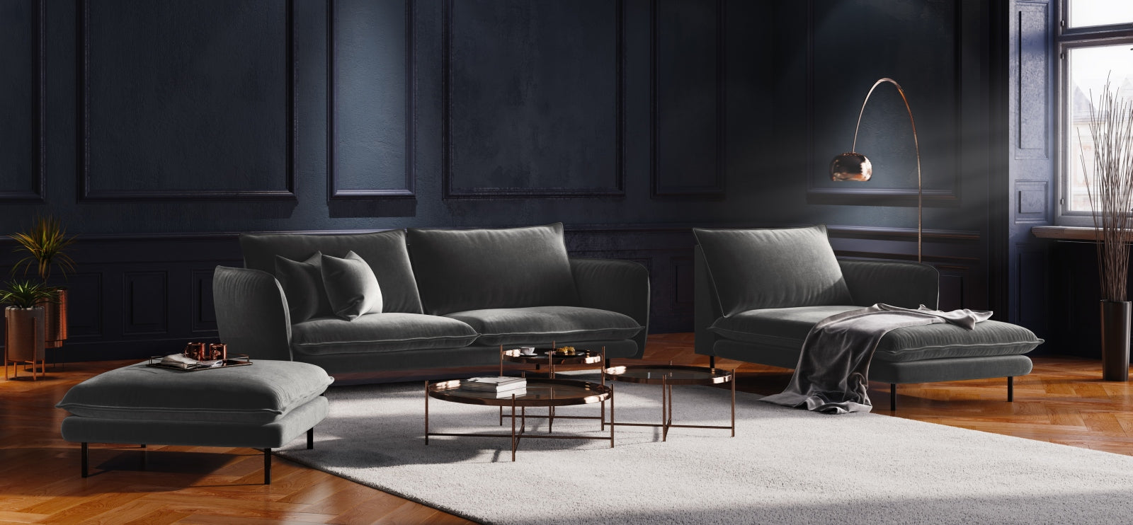 Elegantes Vienna Velour Sofa Chaise Lounge rechts 110cm von Cosmopolitan Design. Ideal für stilvolle Wohnräume, vereint Komfort und Funktionalität.