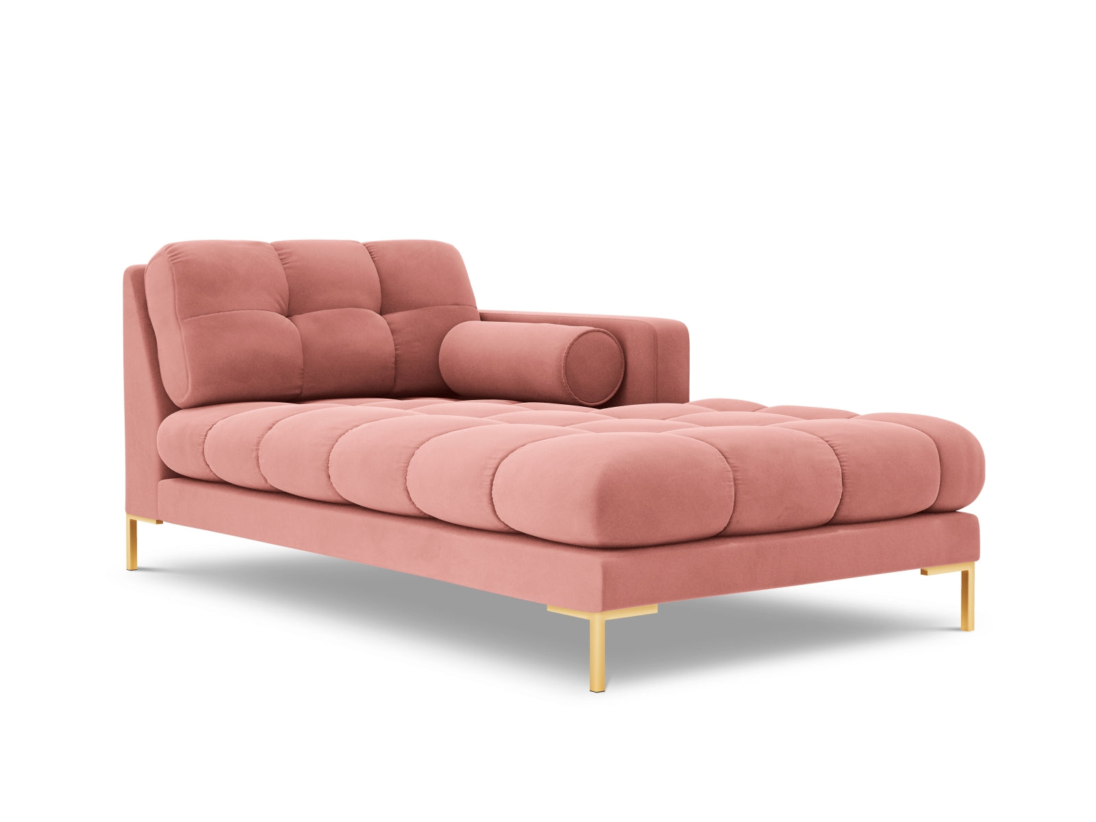 Stylische 1-Sitzer Chaise Longue rechts Bali in lebhaftem Pink-Bluvel, ideal für kreative und gemütliche Wohnräume.