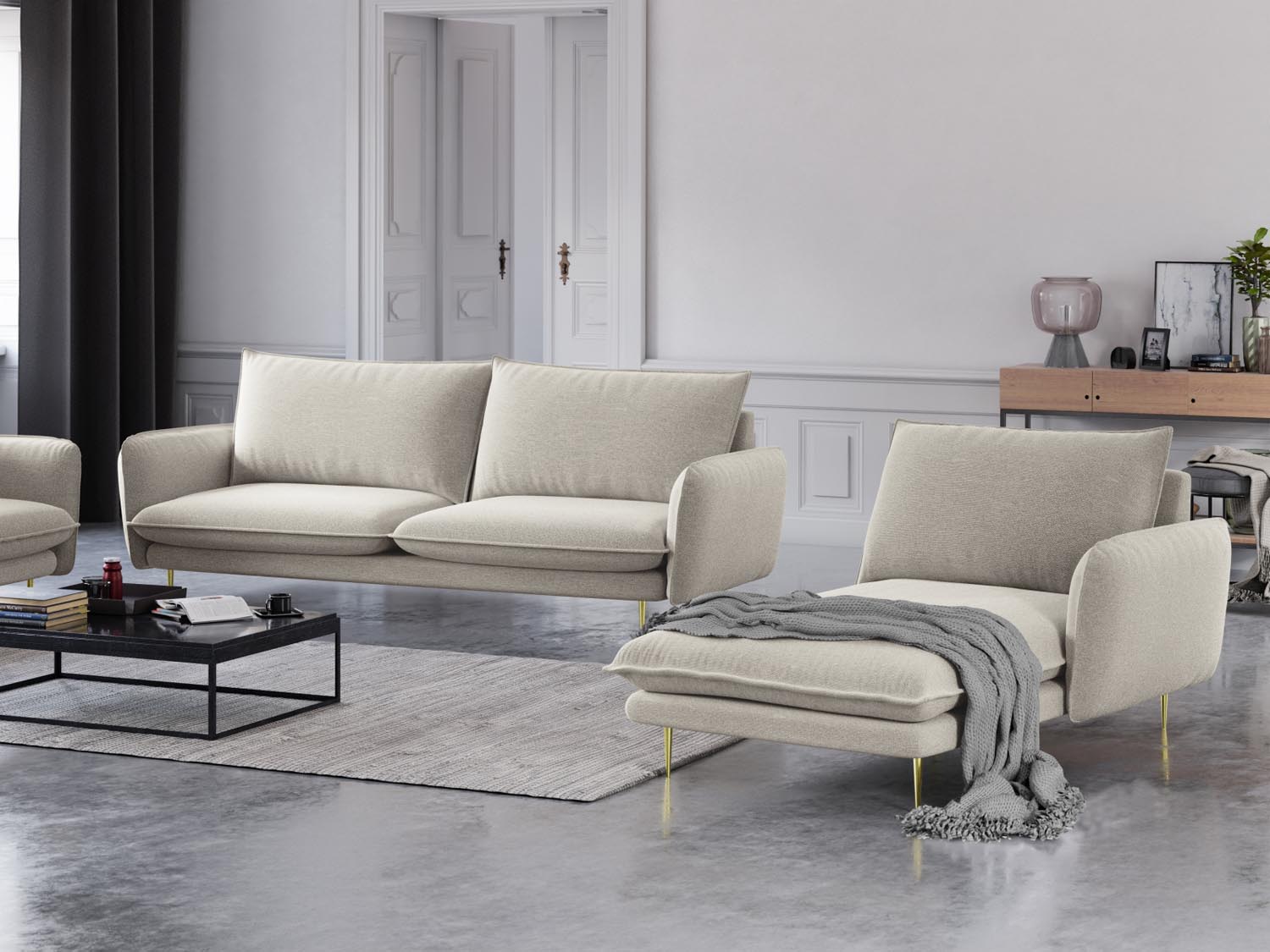 Vienna Sofa Chaise Lounge rechts 1 Sitz 110cm in Light Beige/Gold präsentiert im Onlineshop von KAQTU Design AG. L-Sofa rechts ist von Cosmopolitan Design