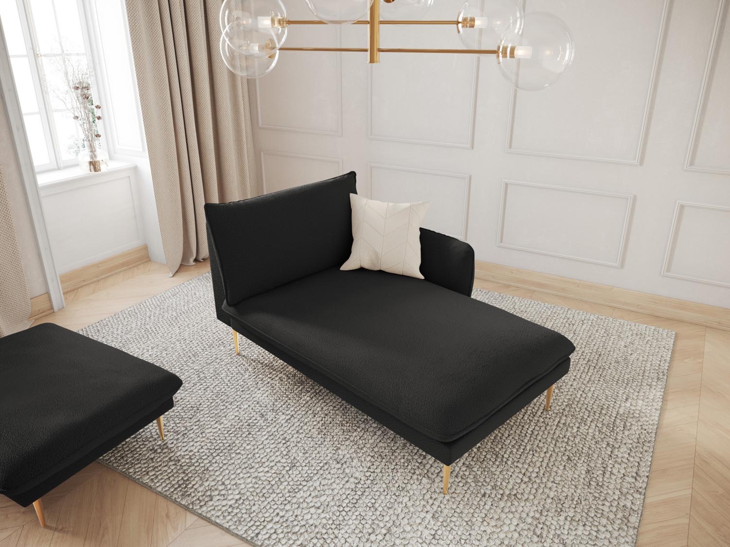 Elegantes Vienna Boucle Sofa Chaise Lounge in Schwarz mit goldenen Akzenten, ideal für stilvolle Wohnräume. 1 Sitz, 110 cm, von Cosmopolitan Design.