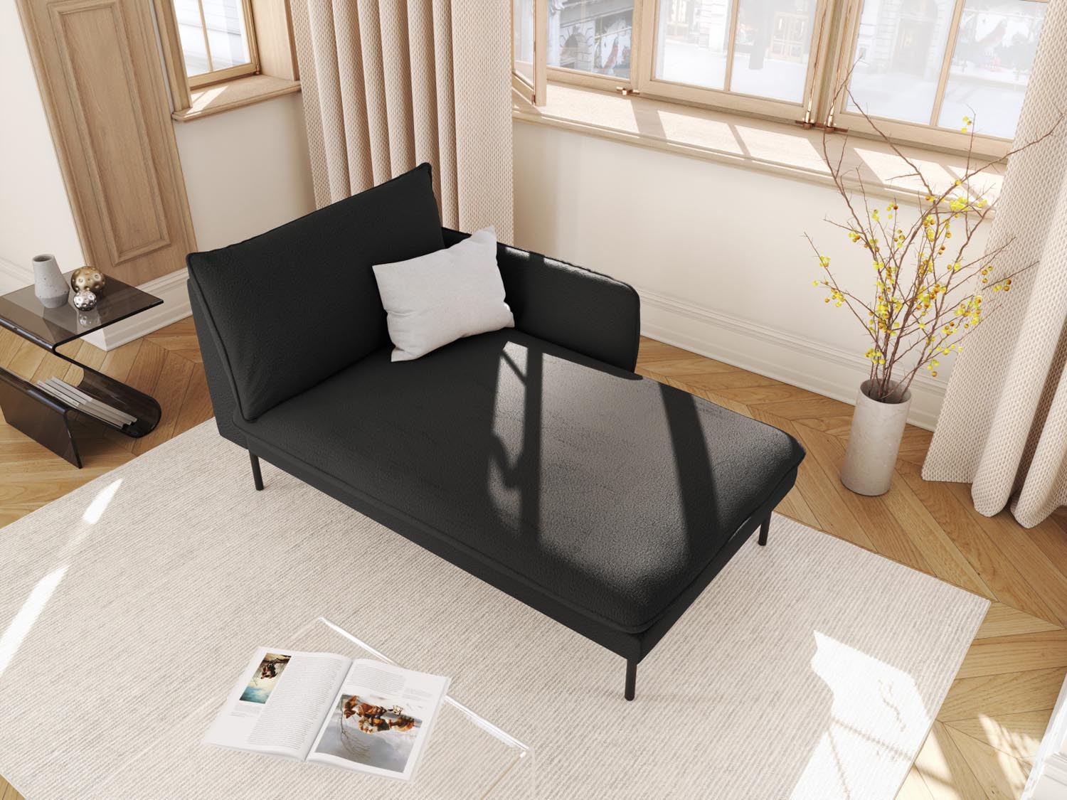 Elegantes Vienna Boucle Sofa Chaise Lounge in Schwarz, ideal für stilvolle Wohnräume. Komfortable 1-Sitz-Option mit modernem Design.