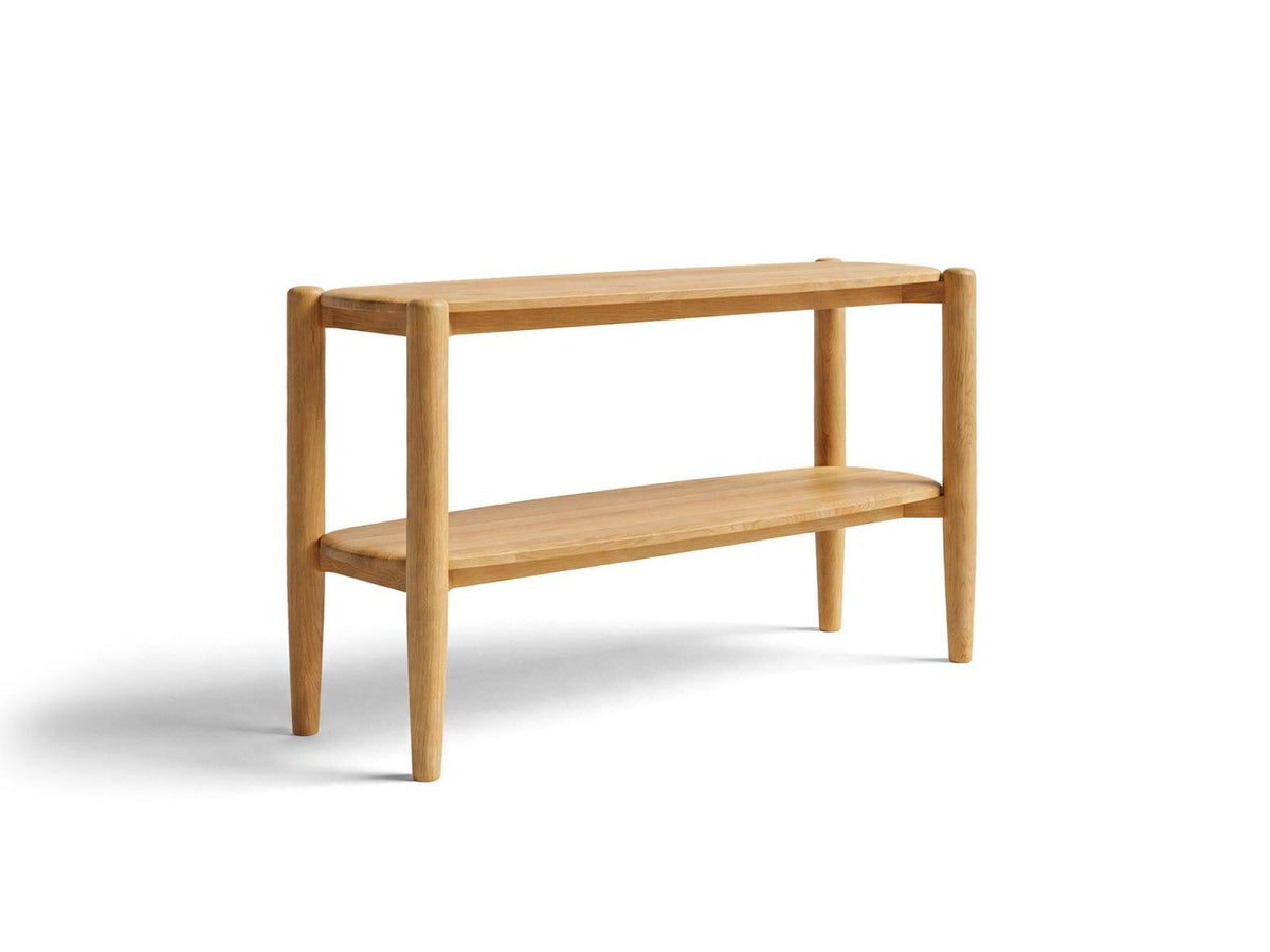 Konsole aus massivem Eichenholz mit sichtbaren Ästen und Maserung, Holzbeinen und zwei Regalböden, Farbe Natural Oak-Wood, Ansicht von vorne.