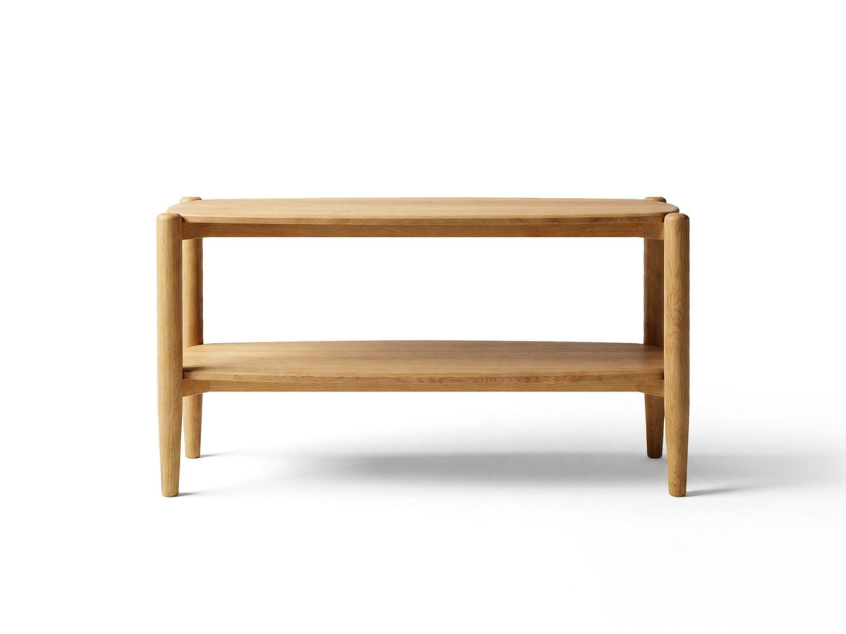 Konsole aus massivem Eichenholz mit sichtbaren Ästen und Maserung, Holzbeinen und zwei Regalböden, Farbe Natural Oak-Wood, Ansicht von vorne.