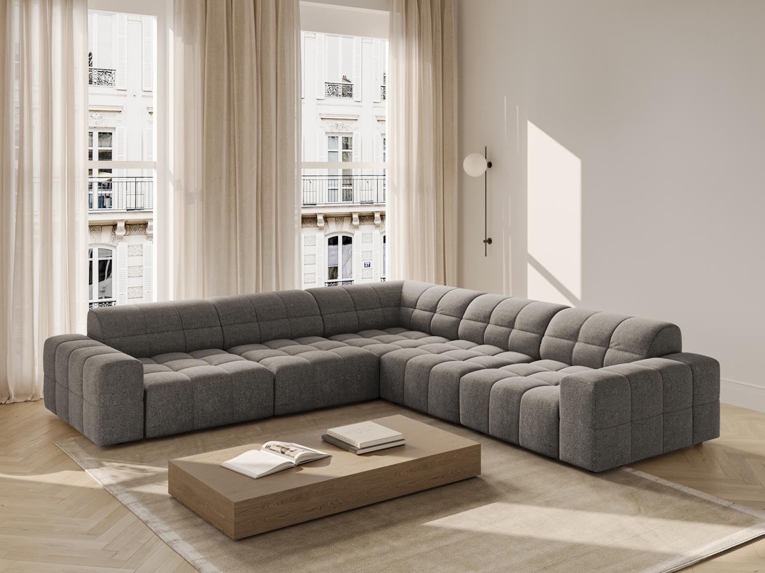 Stylisches Chicago Ecksofa in Grau, 4-Sitzer, 287 cm, ideal für moderne Wohnräume, präsentiert von Cosmopolitan Design.