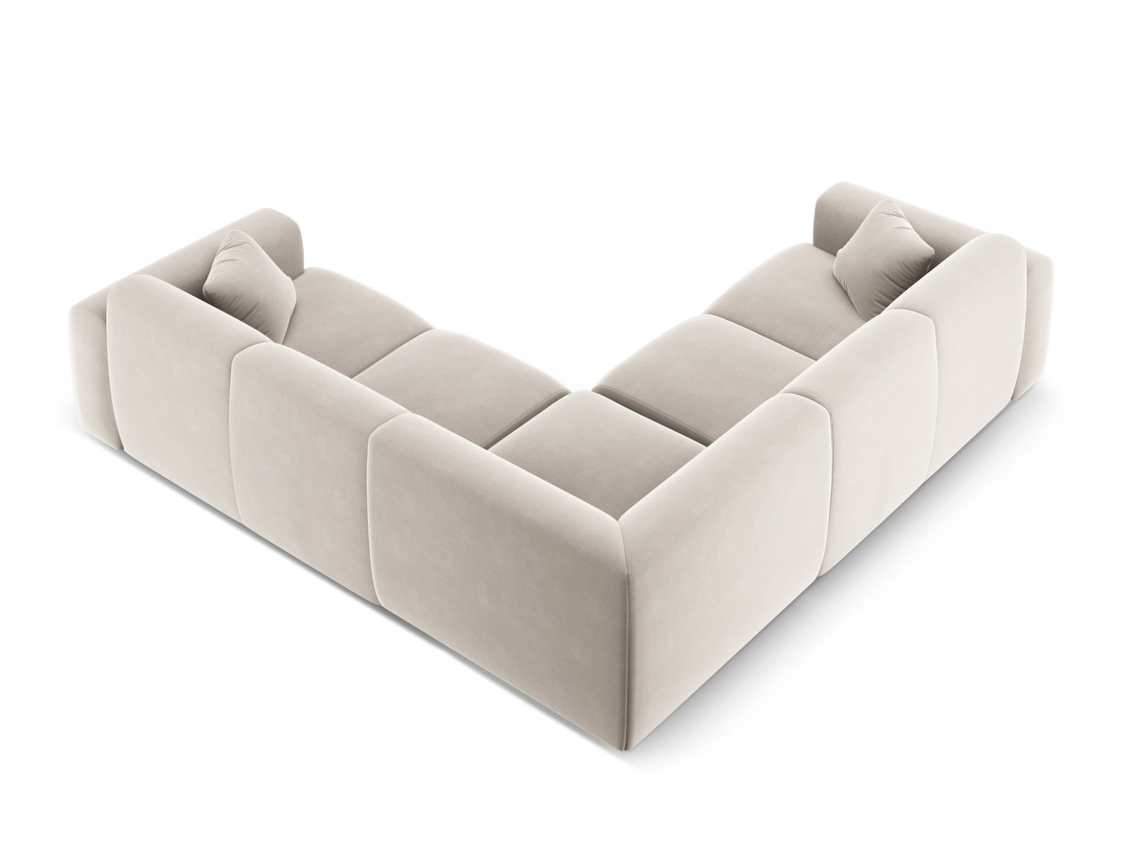 Elegantes Nolio Velour Ecksofa in sanftem Beige, großzügiger 5-Sitzer mit 252 cm, ideal für stilvolle Wohnräume von Cosmopolitan Design.