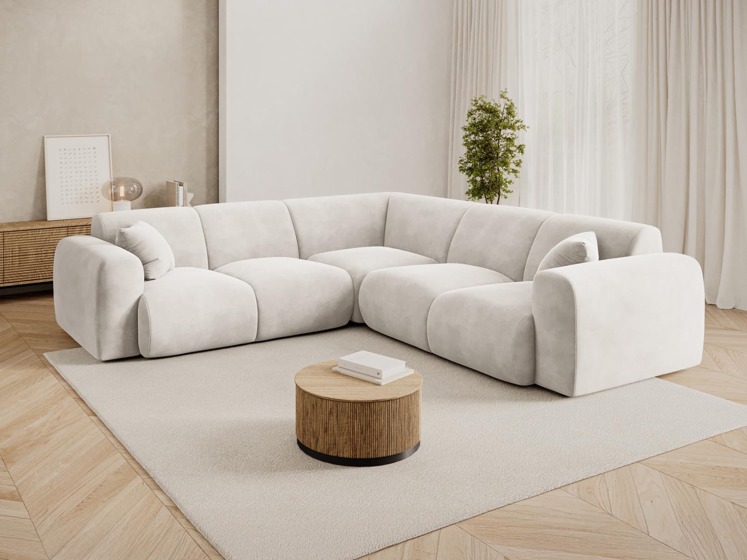 Elegantes Nolio Velour Ecksofa in Light Beige, 5-Sitzer, 252 cm, ideal für stilvolle Wohnräume, präsentiert von Cosmopolitan Design.