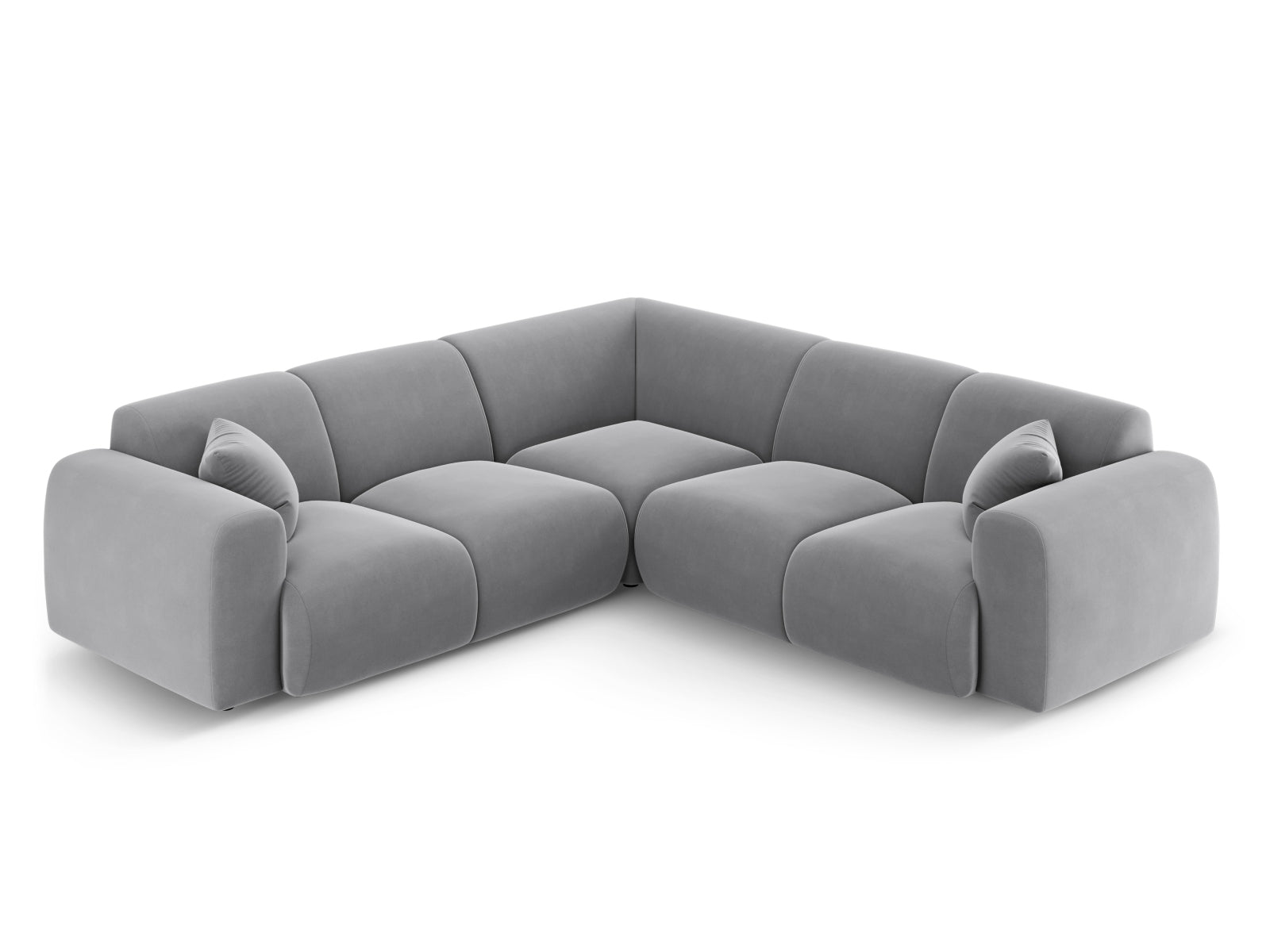 Modernes Nolio Velour Ecksofa in sanftem Grau, großzügig für fünf Personen, vereint Funktionalität und zeitgemäßen Stil.