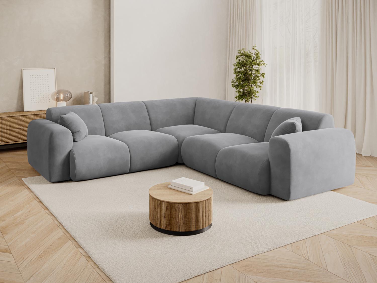 Nolio Velour Symmetrical Ecksofa 5 Sitzer 252cm in Light Grey präsentiert im Onlineshop von KAQTU Design AG. Ecksofa ist von Cosmopolitan Design