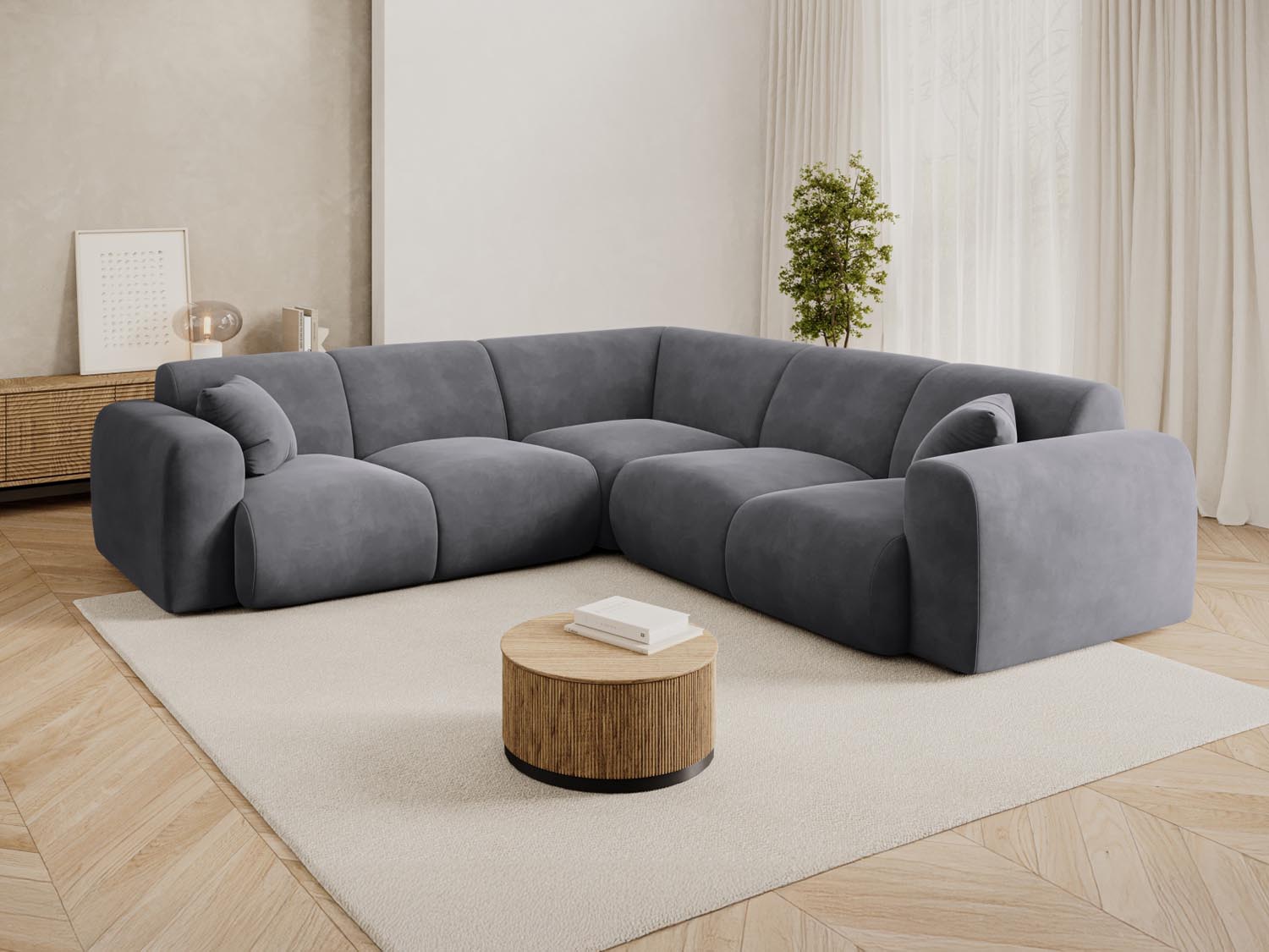 Elegantes Nolio Velour Ecksofa in Dunkelgrau, 5-Sitzer, 252 cm, ideal für stilvolle Wohnräume, präsentiert von Cosmopolitan Design.