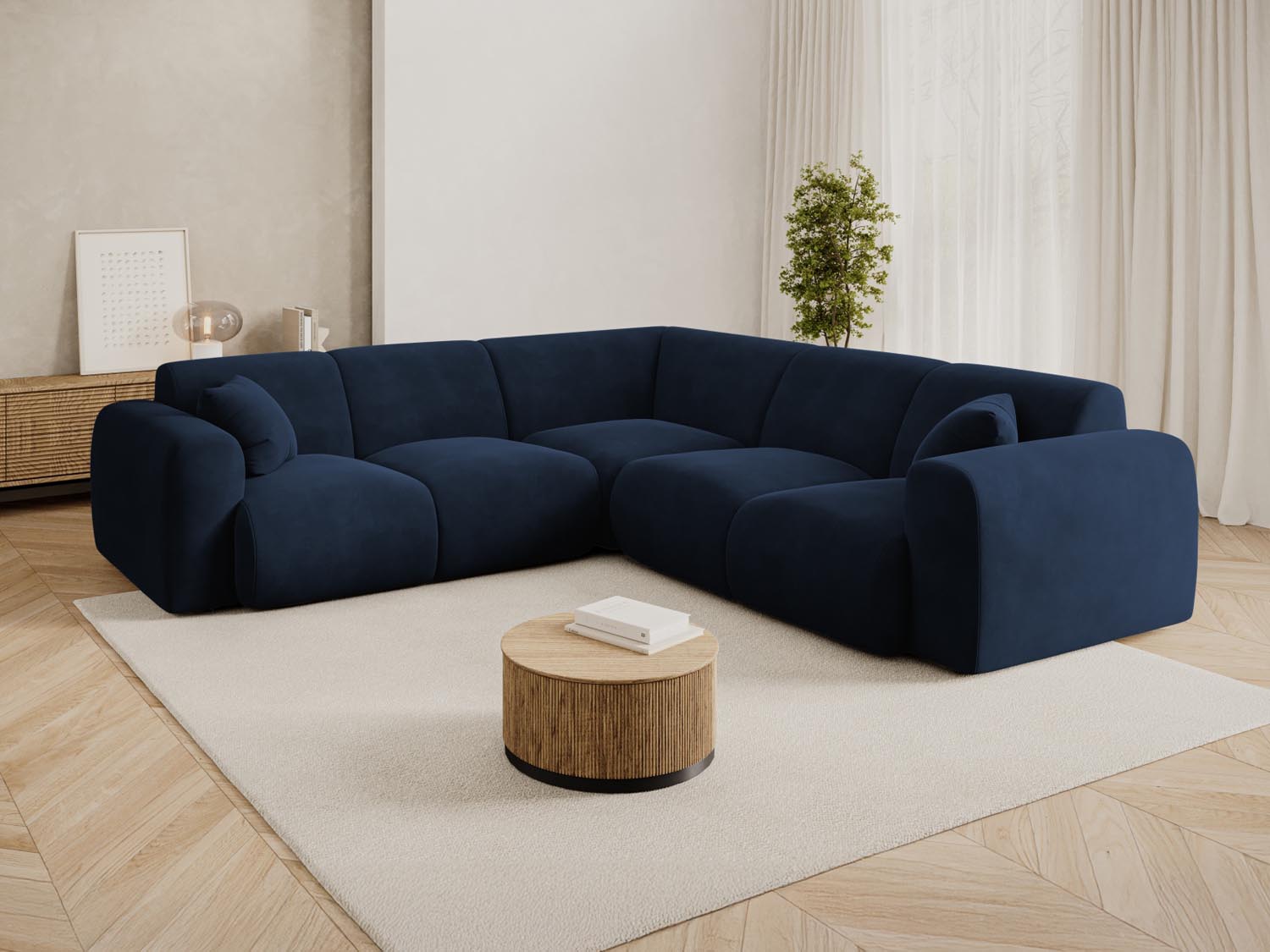Elegantes Nolio Velour Ecksofa in Royal Blue, 5-Sitzer, 252 cm, ideal für stilvolle Wohnräume, präsentiert von Cosmopolitan Design.