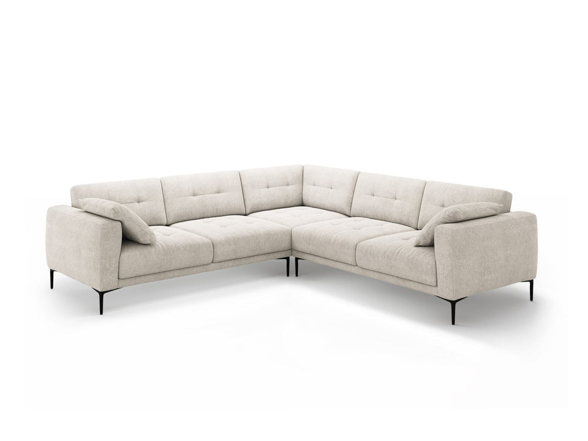 Symmetrisches Ecksofa Lazio in Beige-Sorella mit Massivholzrahmen, schwarzen Metallbeinen und strukturiertem Tweed-Bezugsstoff, Grösse 282 x 282 cm.