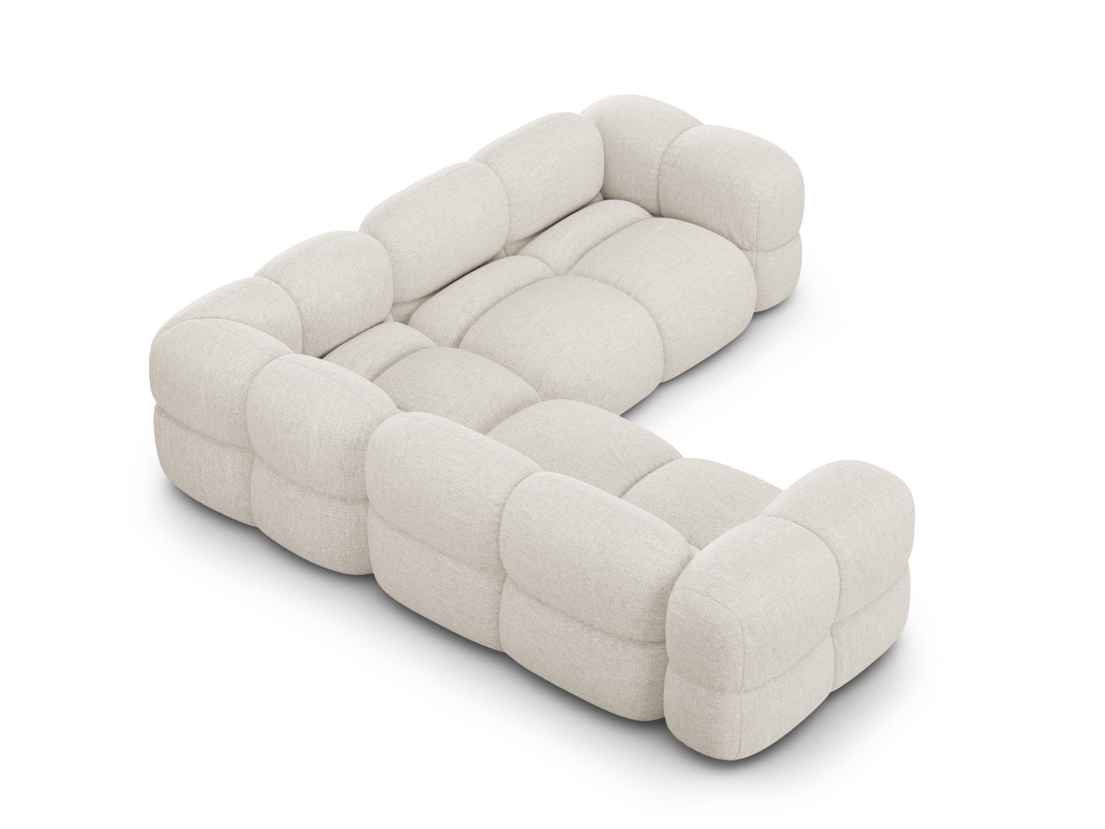 Elegantes, beiges Ecksofa Loretto mit symmetrischem Design, 4-Sitzer, 250 cm, perfekt für stilvolle Wohnräume.