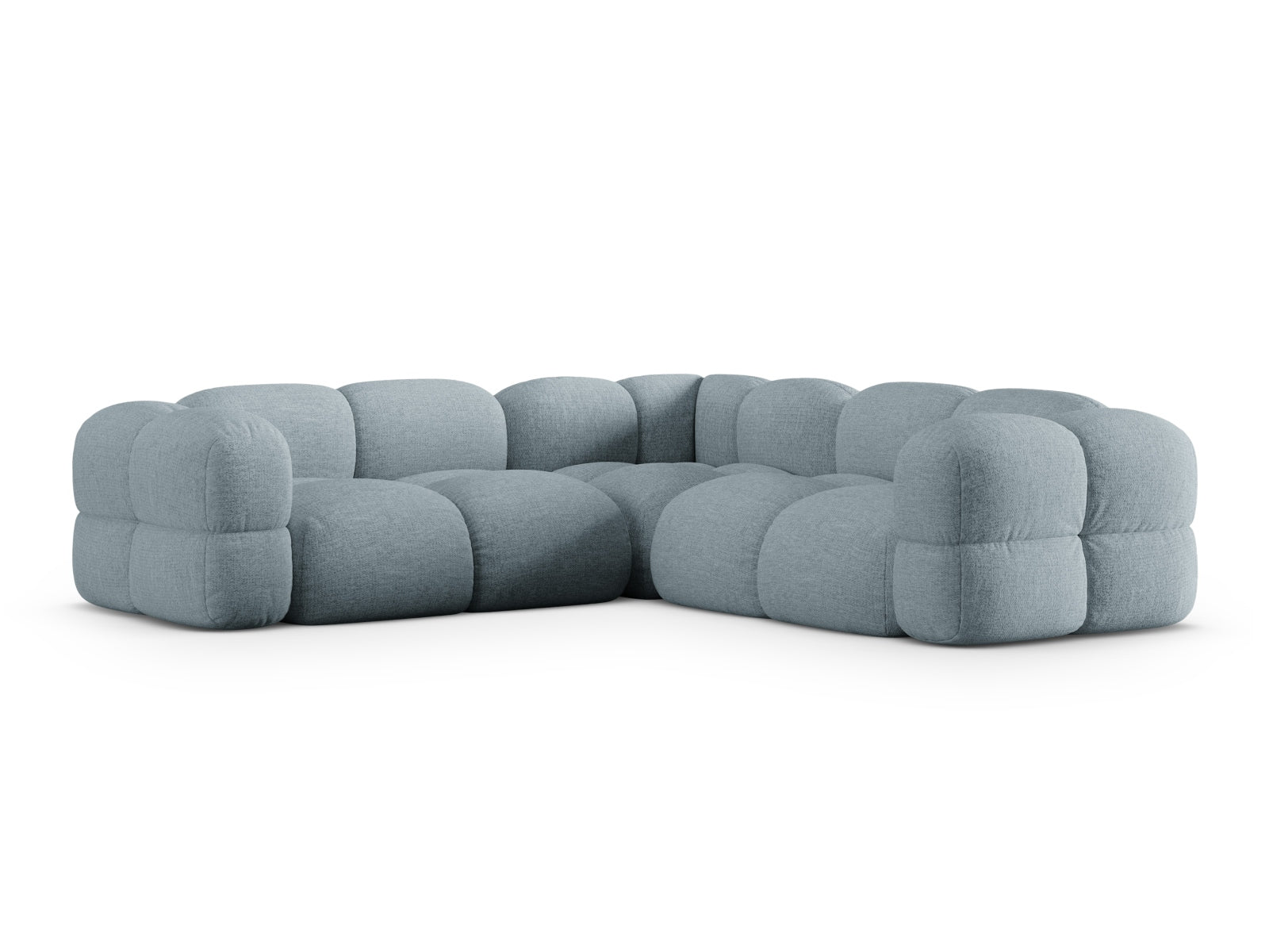 Elegantes Loretto Ecksofa in zartem Pastellblau, 4-Sitzer, ideal für stilvolle und einladende Wohnbereiche.