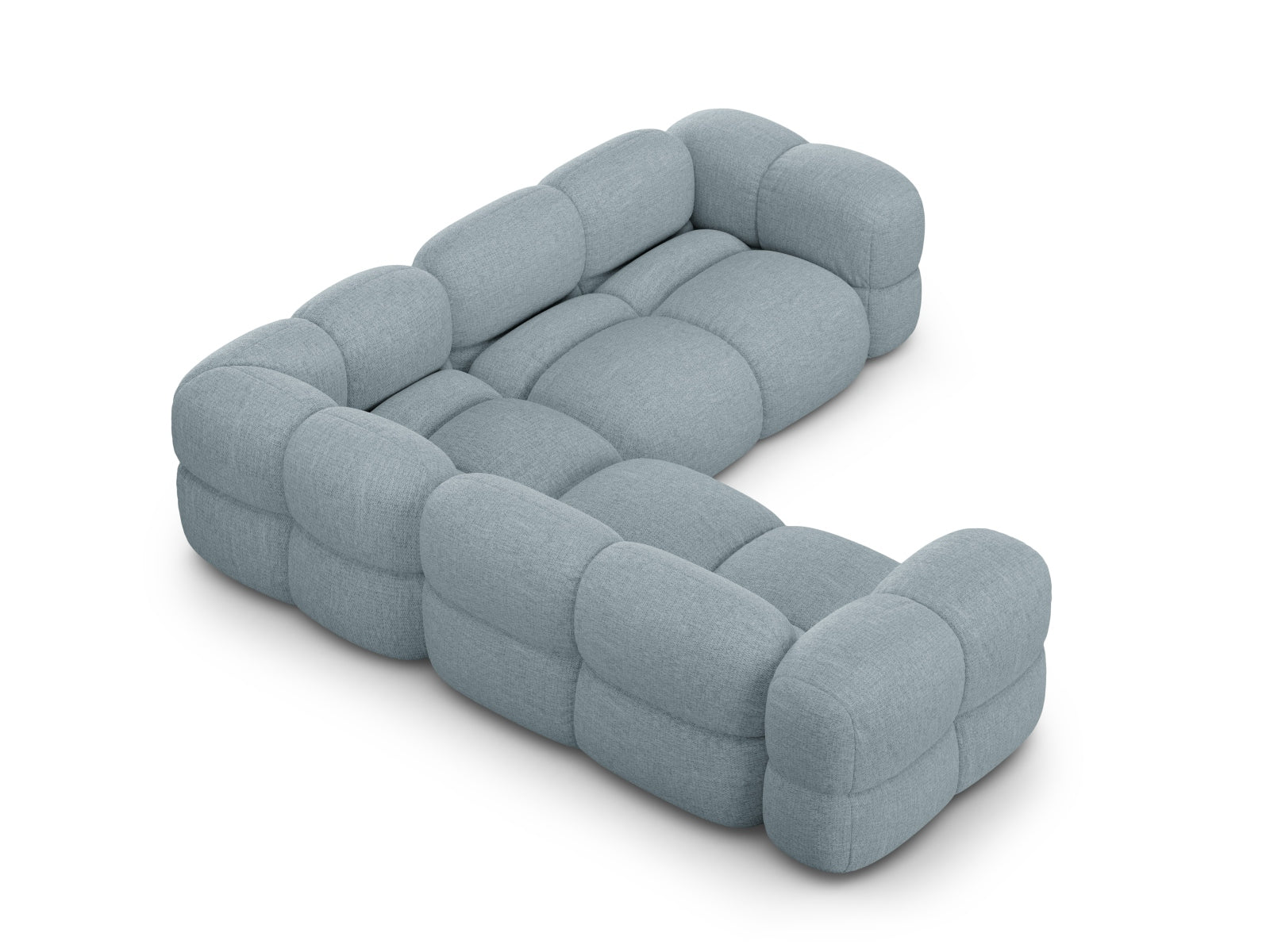 Modernes Loretto Ecksofa in sanftem Pastellblau, großzügiger 4-Sitzer, perfekt für gemütliche und stilvolle Wohnräume.