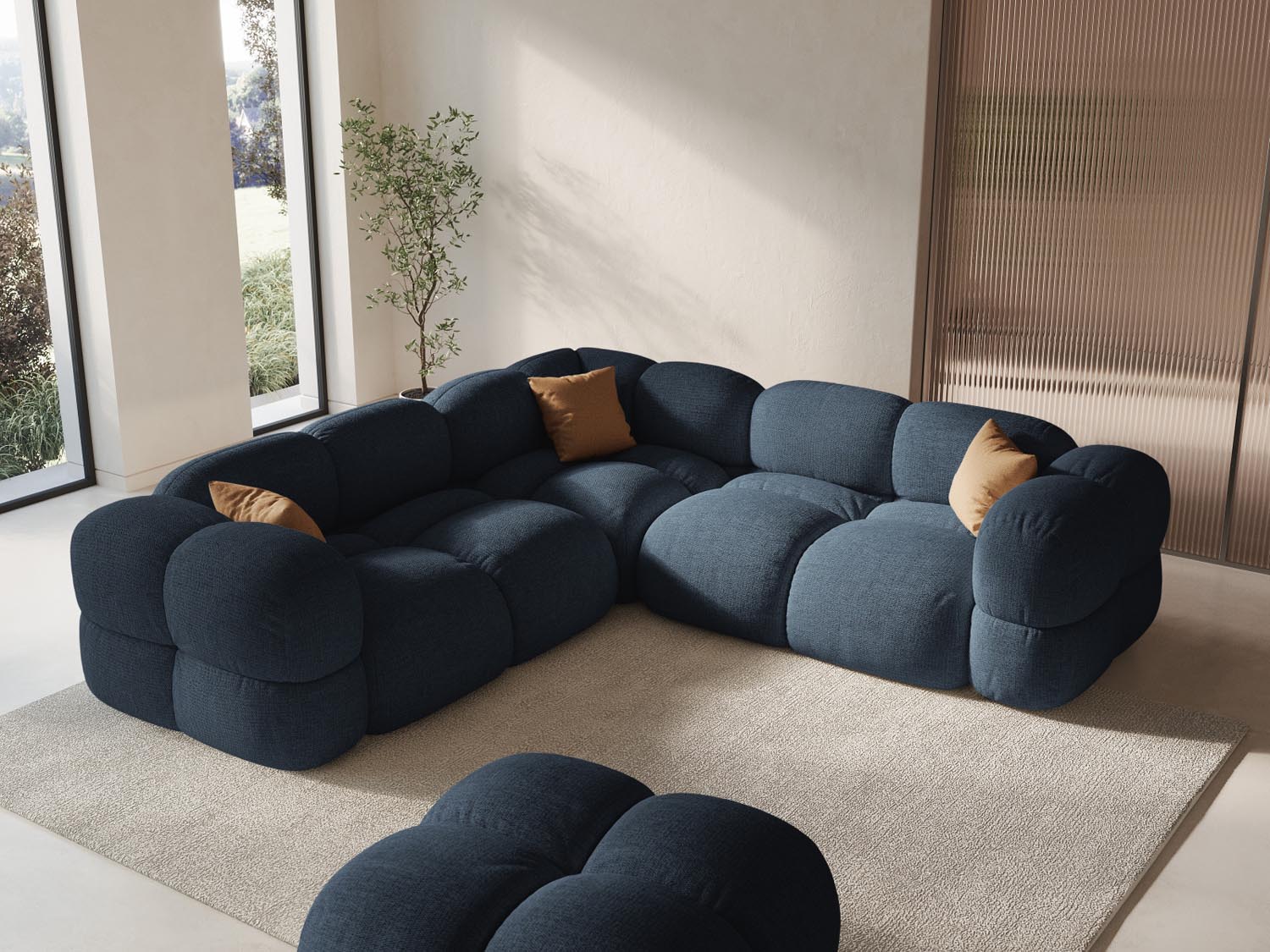 Elegantes Loretto Ecksofa in Dunkelblau, ideal für stilvolle Wohnräume. Komfortables 4-Sitzer Design von Cosmopolitan Design.