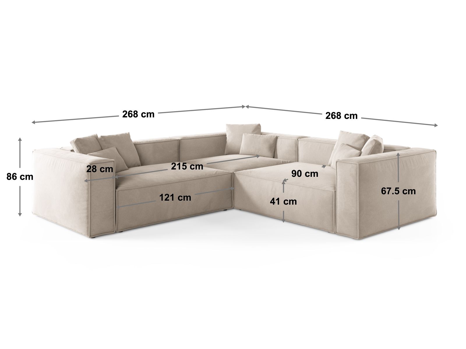 Elegantes 5-Sitzer Ecksofa Symmetric Aveiro in zeitlosem Grau, perfekt für stilvolle Wohnräume und gesellige Stunden.