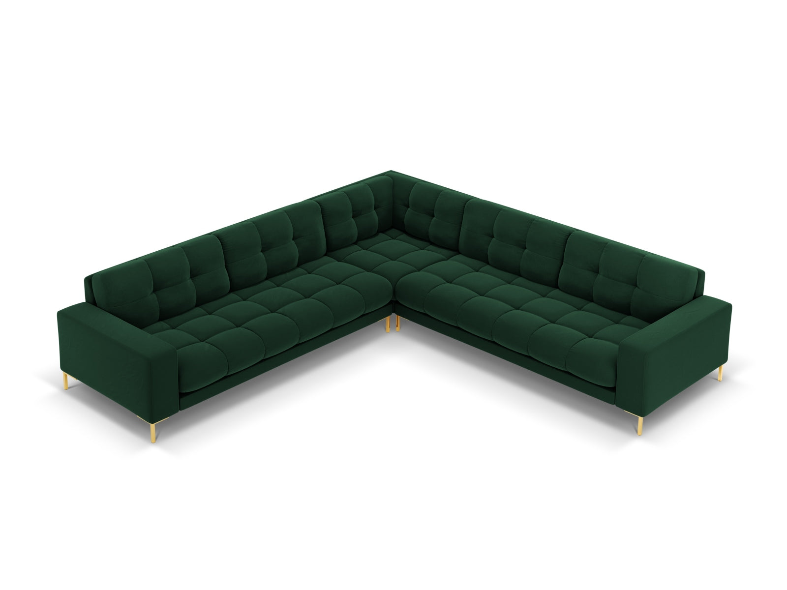 Stilvolles 6-Sitzer Ecksofa Symmetric Bali in luxuriösem Bottle Green-Bluvel, perfekt für moderne Wohnzimmer und gesellige Zusammenkünfte.