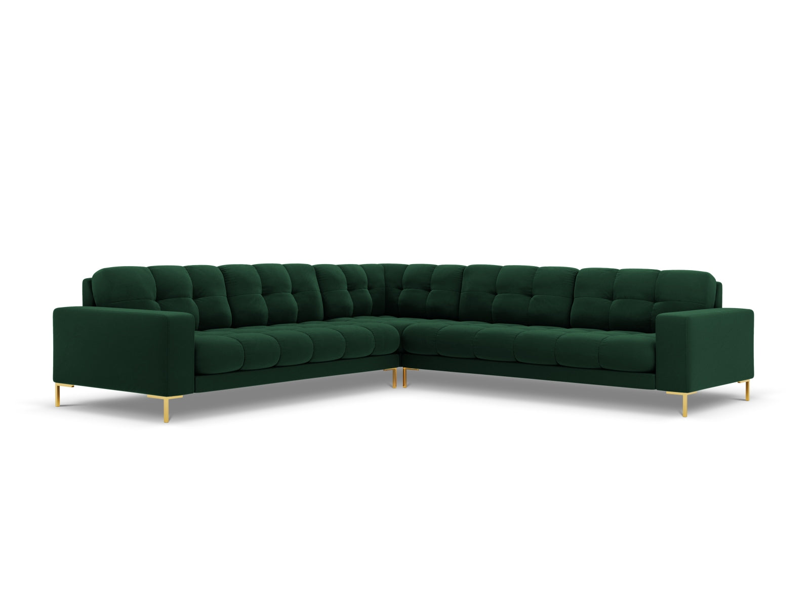 Elegantes 6-Sitzer Ecksofa Symmetric Bali in edlem Bottle Green-Bluvel, ideal für stilvolle Wohnräume und entspannte Abende.