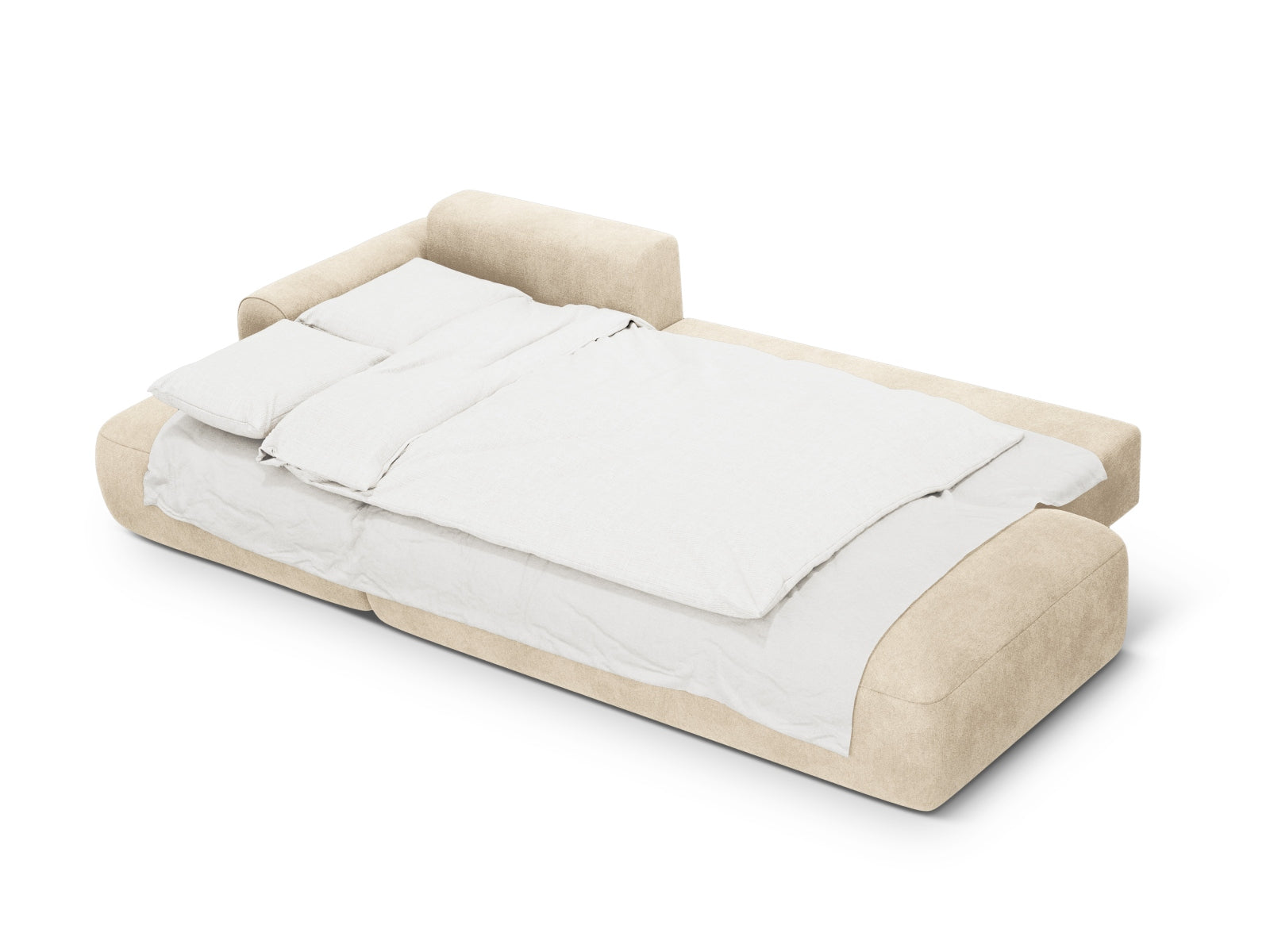 Modernes 5-Sitzer Ecksofa links in sanftem Beige, ideal für gemütliche Abende und bietet zusätzlichen Stauraum sowie eine praktische Schlaffunktion.