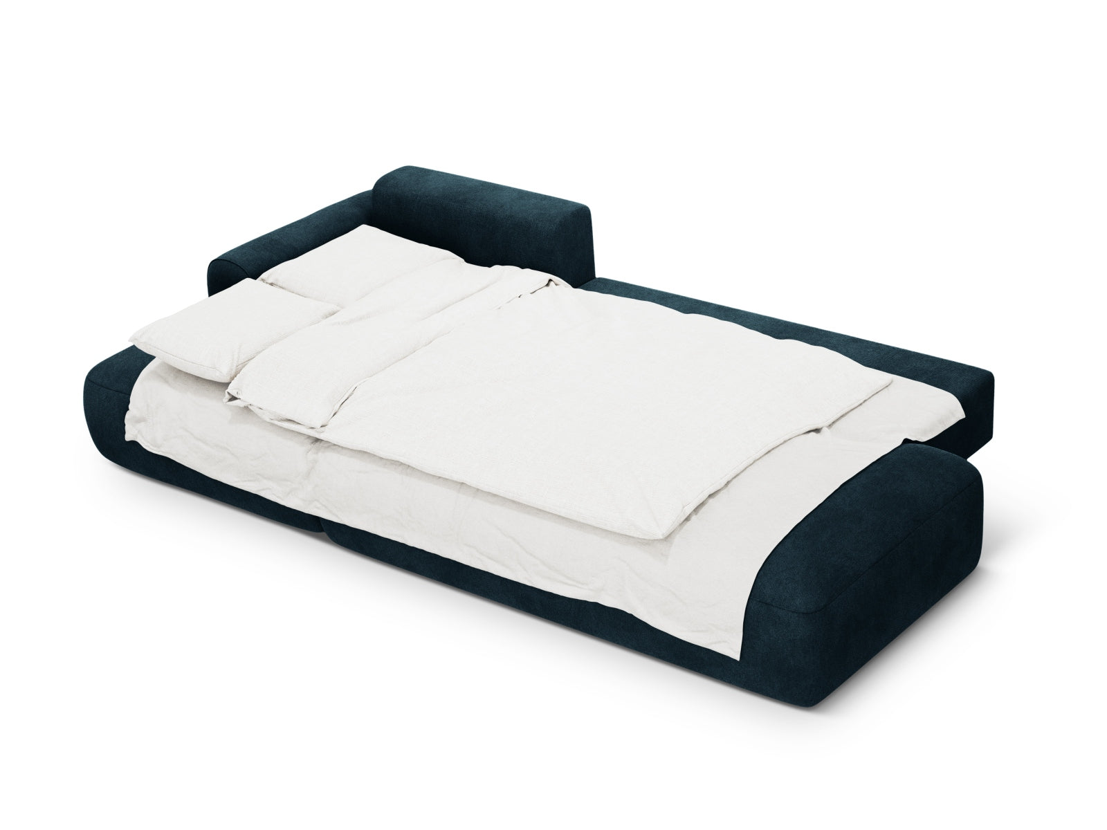 Modernes 5-Sitzer Ecksofa links in Deep Petrol-Vogue, ideal für entspannte Abende und Übernachtungsgäste, mit praktischem Stauraum.