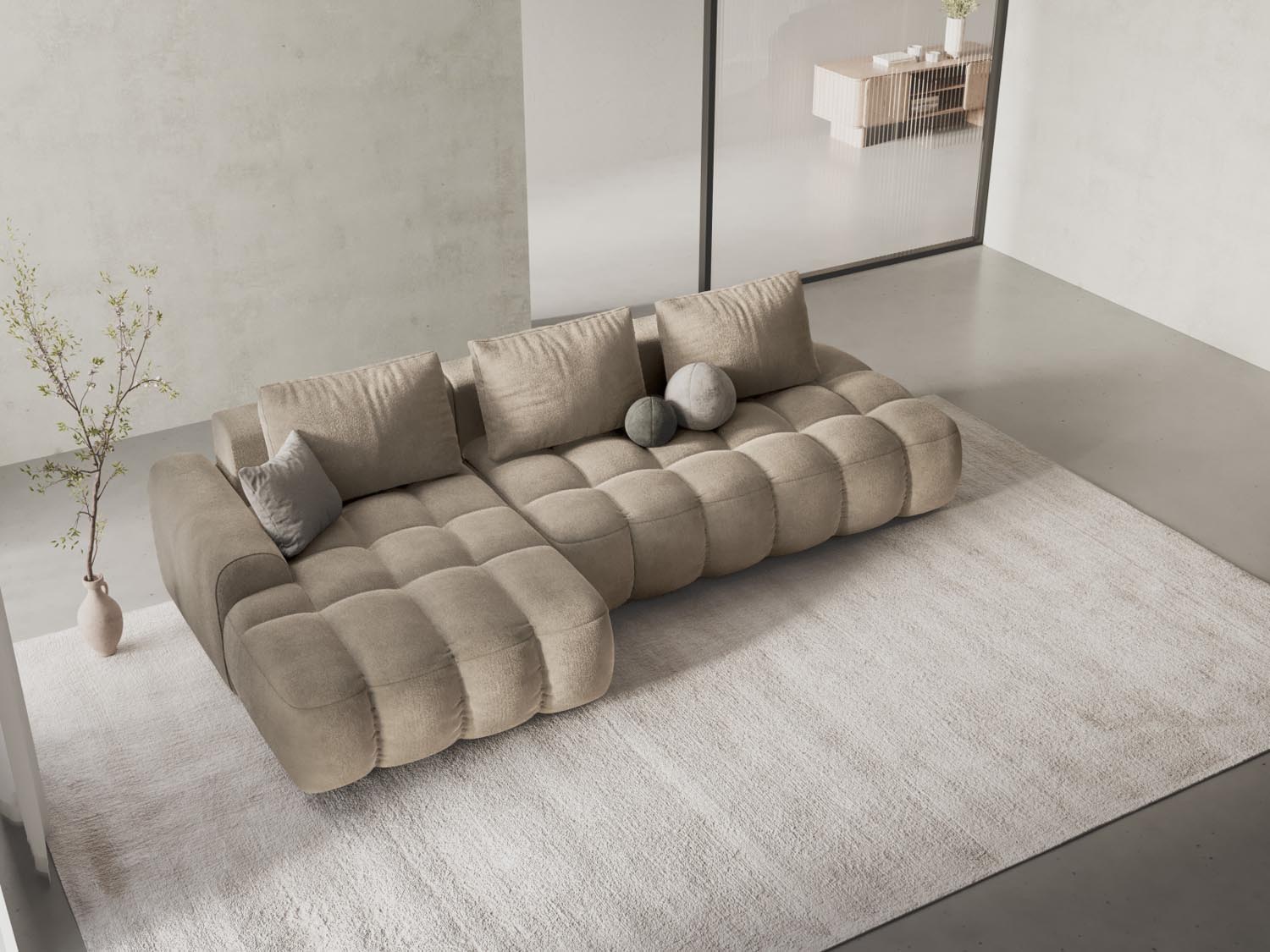 Linz Velour Ecksofa links mit Schlaffunktion und Stauraumbox 3 Sitzer 142cm in Light Beige-Vogue präsentiert im Onlineshop von KAQTU Design AG. Bettsofa links ist von Cosmopolitan Design