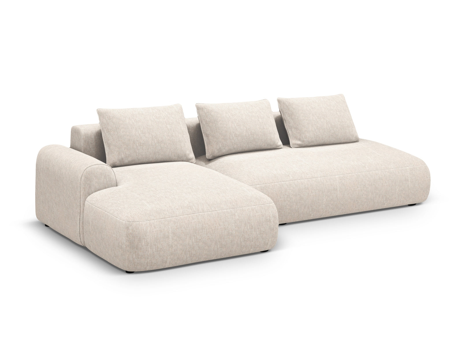 Stylisches 5-Sitzer Ecksofa links mit Schlaffunktion und Stauraum in hellem Beige, ideal für moderne Wohnräume.