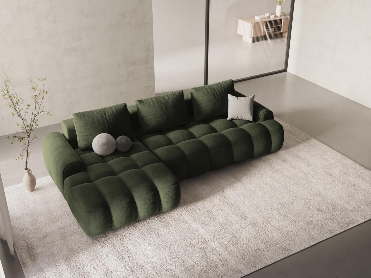 Modernes Linz Ecksofa links in stilvollem Green-Vogue, 3-Sitzer mit Schlaffunktion und praktischer Stauraumbox, ideal für jedes Wohnzimmer.