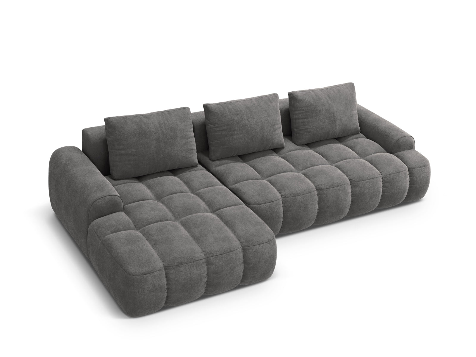 Modernes Linz Ecksofa links in stilvollem Grau, ideal für kleine Räume, bietet Schlafgelegenheit und zusätzlichen Stauraum.