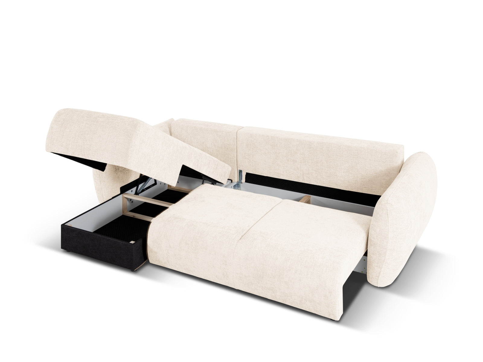 Modernes 4-Sitzer Ecksofa Matera in sanftem Beige, ideal für Wohnräume, bietet Schlaffunktion und cleveren Stauraum für mehr Komfort.