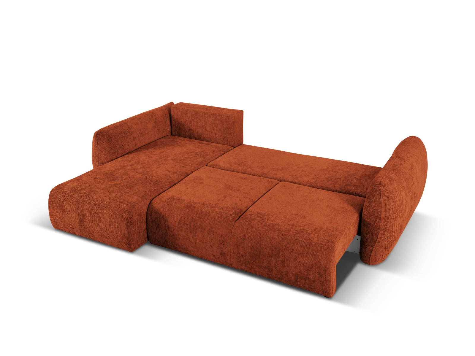 Modernes 4-Sitzer Ecksofa Matera in warmem Terracotta, perfekt für gemütliche Stunden und als funktionales Schlafsofa mit integriertem Stauraum.