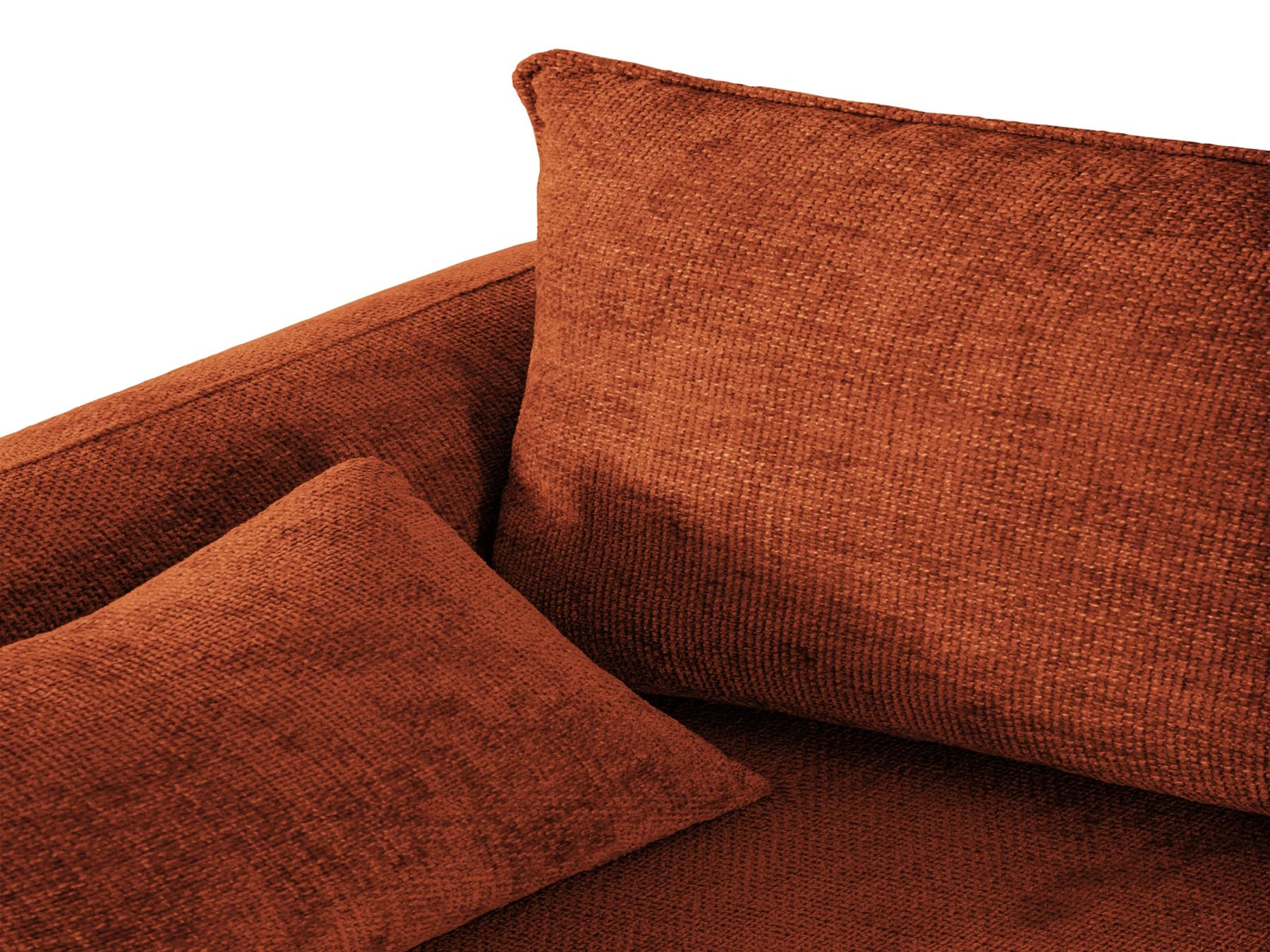 Modernes 4-Sitzer Ecksofa Matera in warmem Terracotta, perfekt für gemütliche Stunden und als funktionales Schlafsofa mit Stauraum.