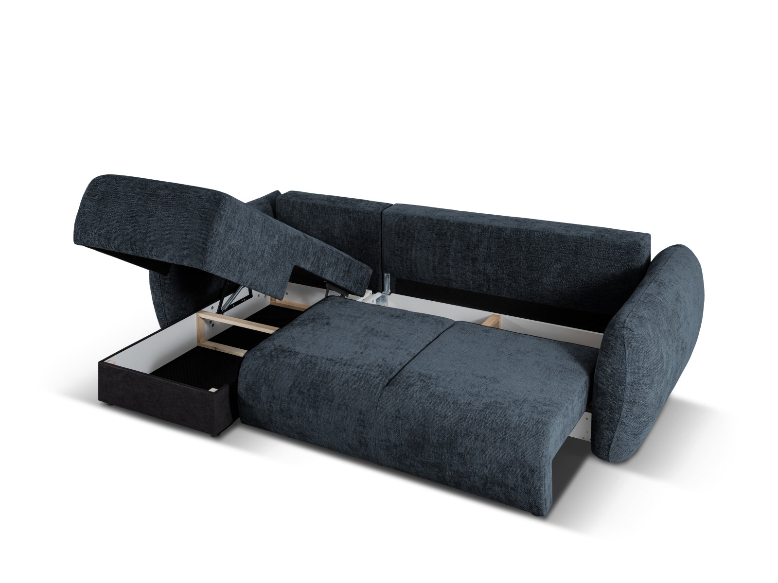 Stylisches 4-Sitzer Ecksofa Matera in Royal Blue, ideal für entspannte Stunden und als praktisches Schlafsofa mit integriertem Stauraum.