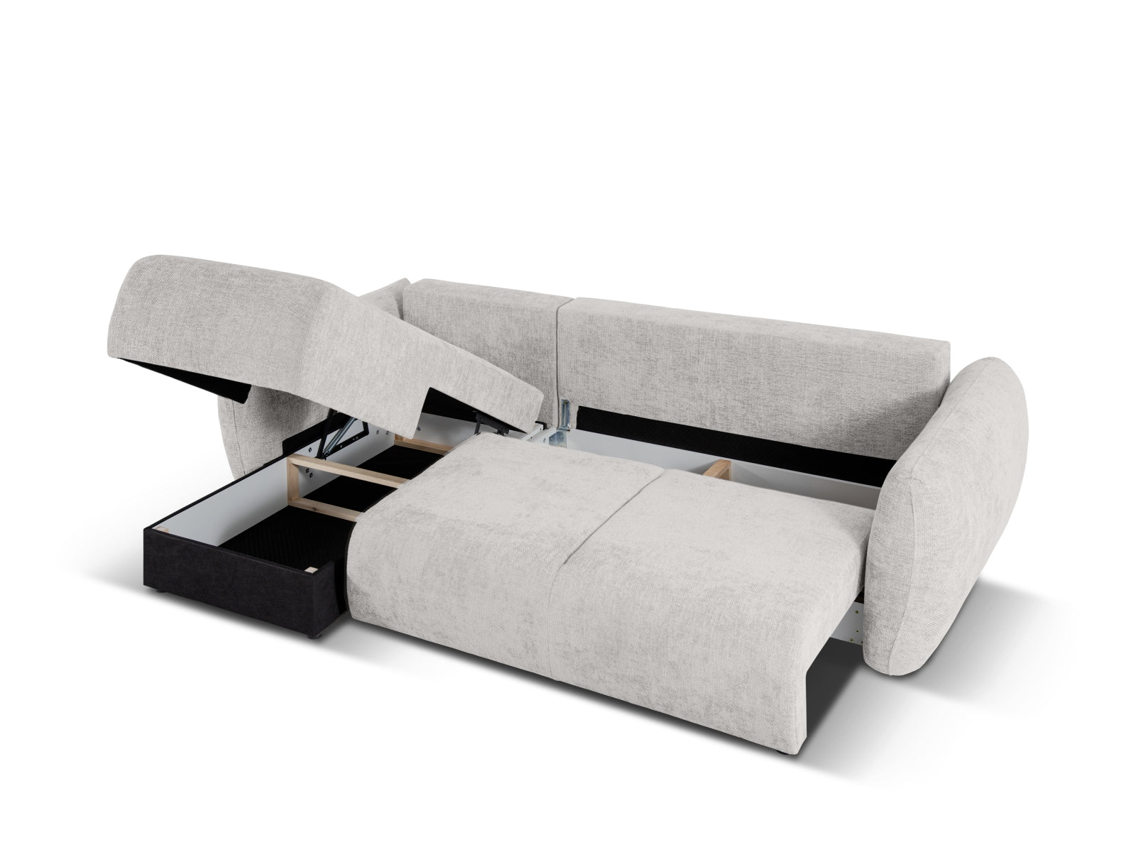 Stylisches 4-Sitzer Ecksofa Matera in zeitlosem Grau, ideal für entspannte Abende und als praktisches Schlafsofa mit integriertem Stauraum.