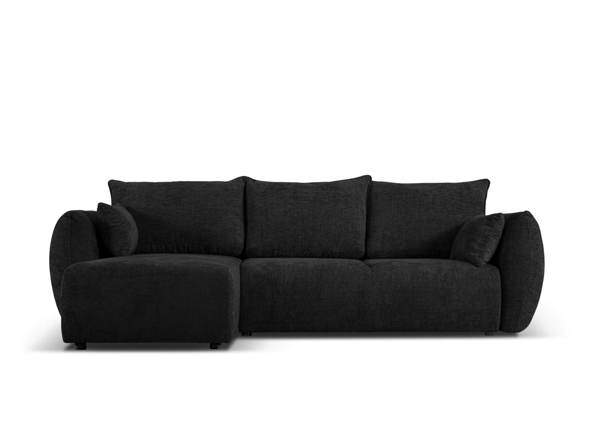 Ecksofa Matera links von Cosmopolitan Design mit Bezug Eden Black, Massivholzrahmen, Récamiere, Schlaffunktion und Stauraum im Bettkasten