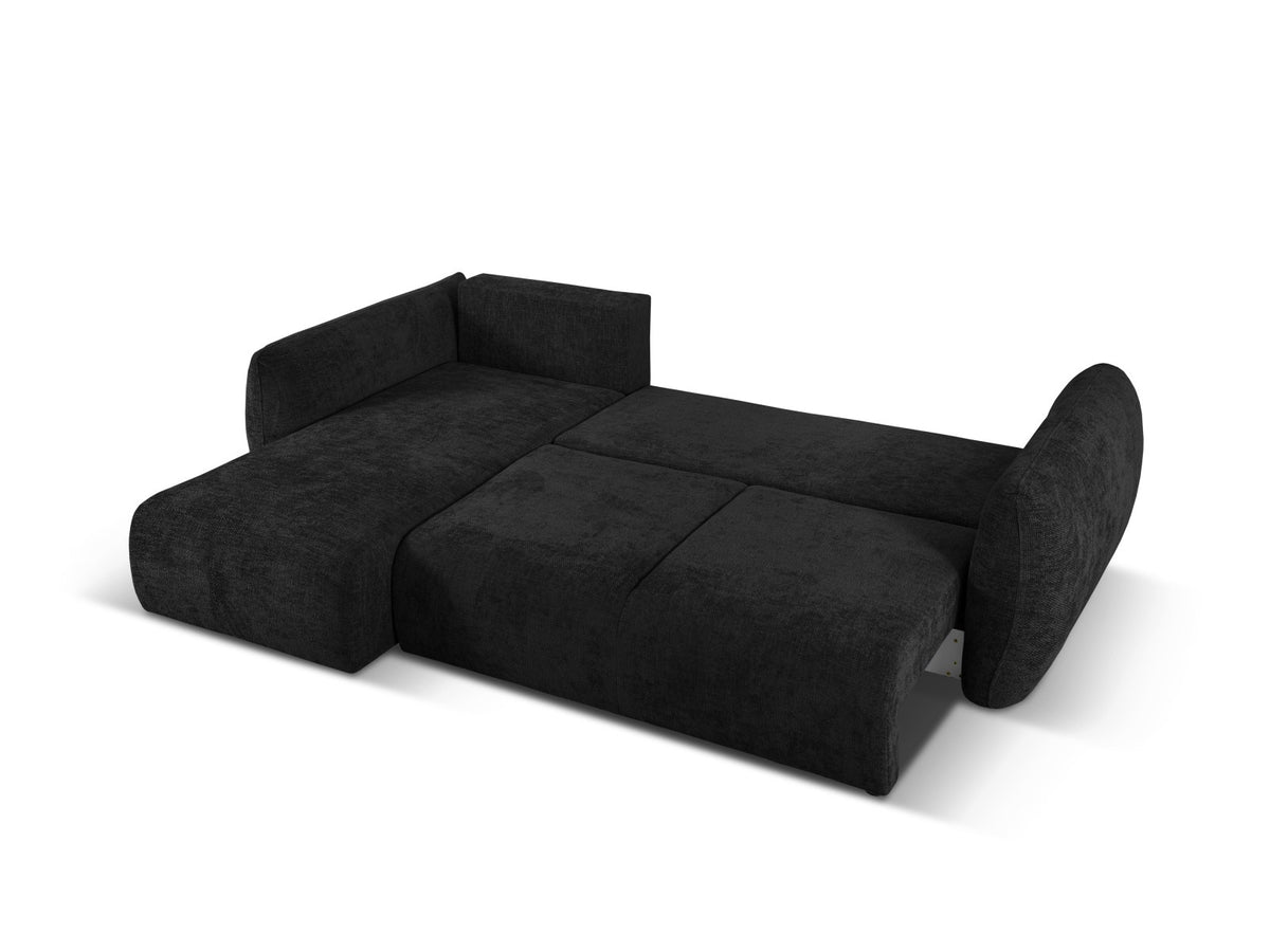 Ecksofa Matera links mit Stoffbezug Eden in Schwarz, Récamière und schwarze Kunststoffbeine